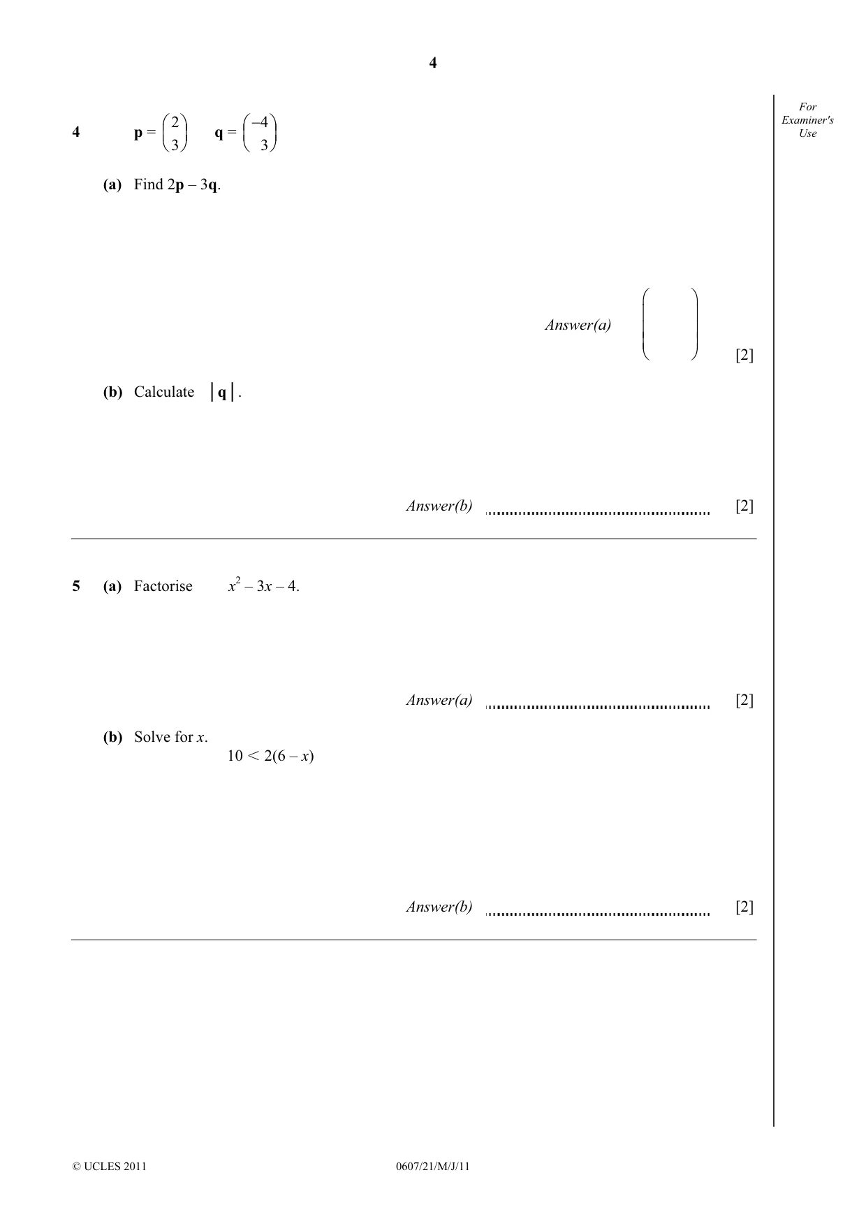 Cambridge IGCSE Mathematics - International 0607 2011 May/June Paper 2 · Variant 1 question paper, page 4 of 8
