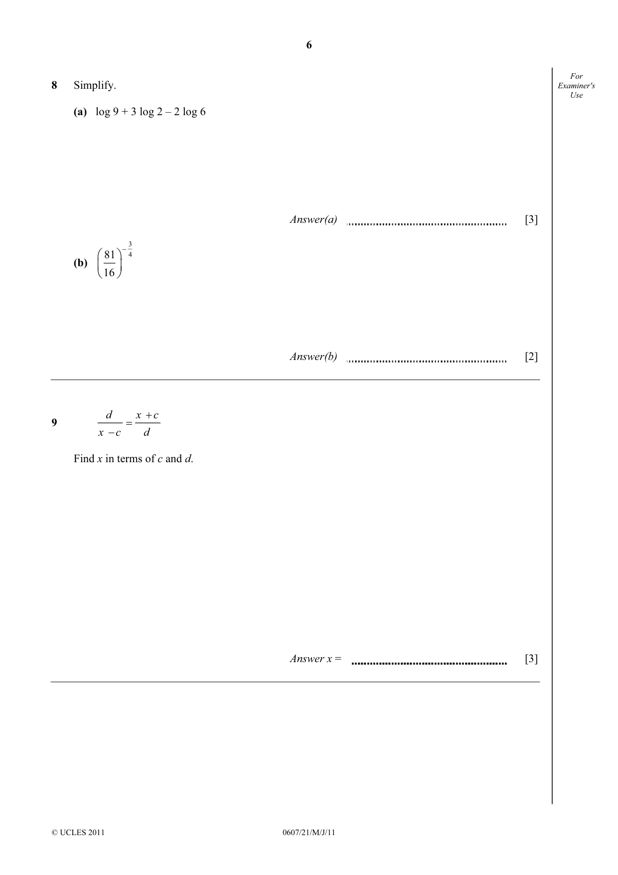 Cambridge IGCSE Mathematics - International 0607 2011 May/June Paper 2 · Variant 1 question paper, page 6 of 8
