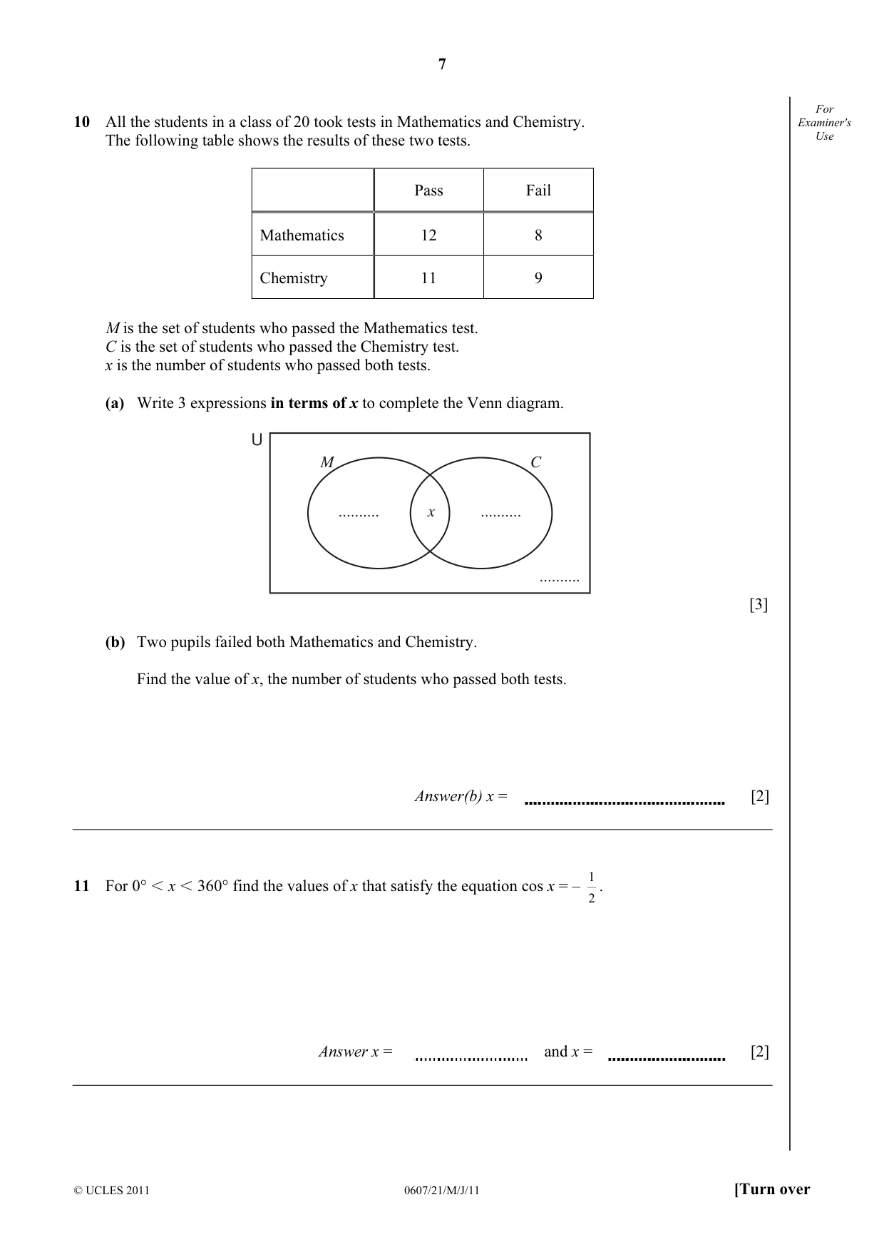 Cambridge IGCSE Mathematics - International 0607 2011 May/June Paper 2 · Variant 1 question paper, page 7 of 8