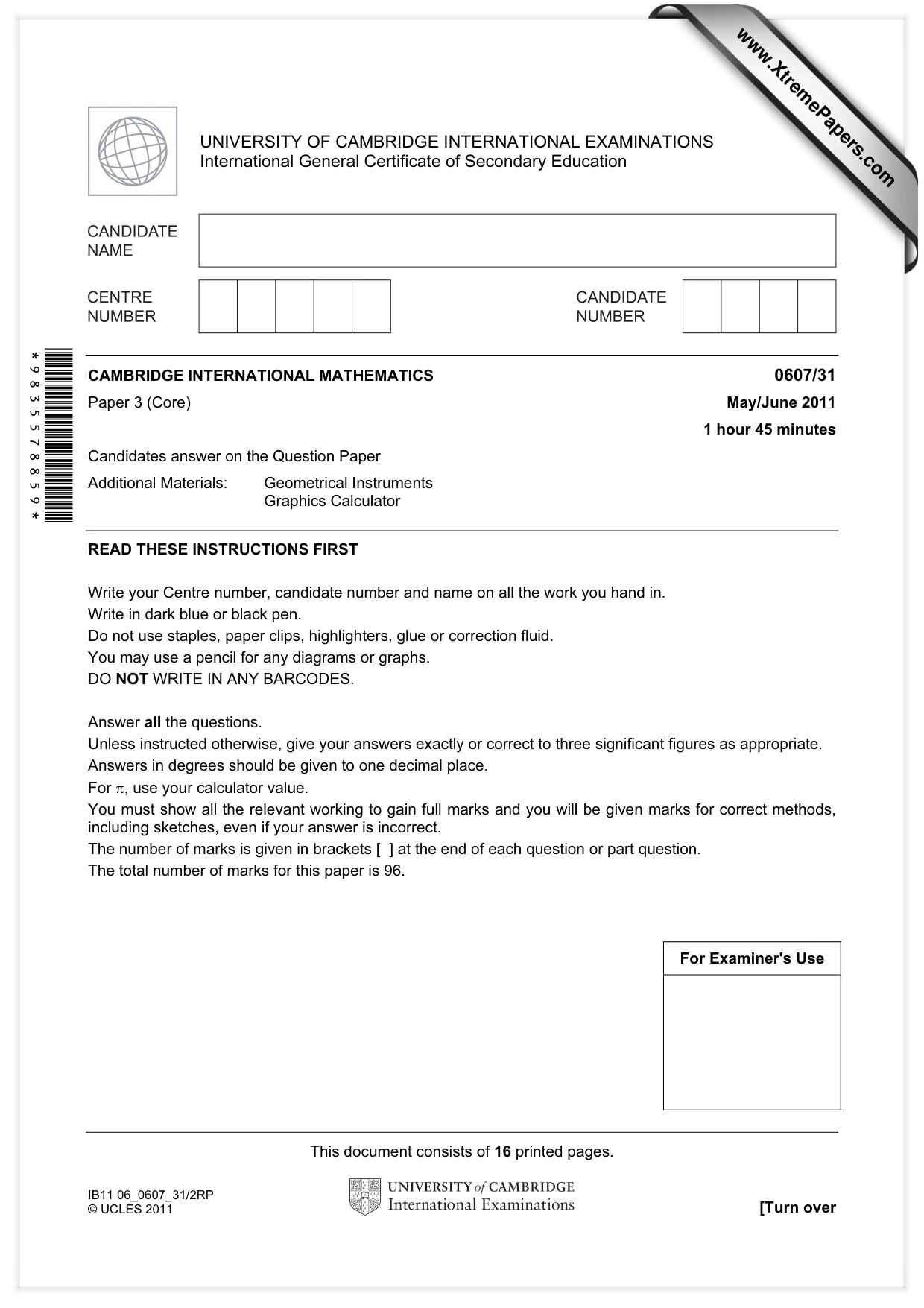 Cambridge IGCSE Mathematics - International 0607 2011 May/June Paper 3 · Variant 1 question paper, page 1 of 16