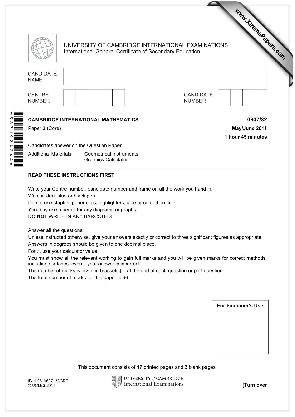 Cambridge IGCSE Mathematics - International 0607 2011 May/June Paper 3 · Variant 2 question paper, page 1 of 20