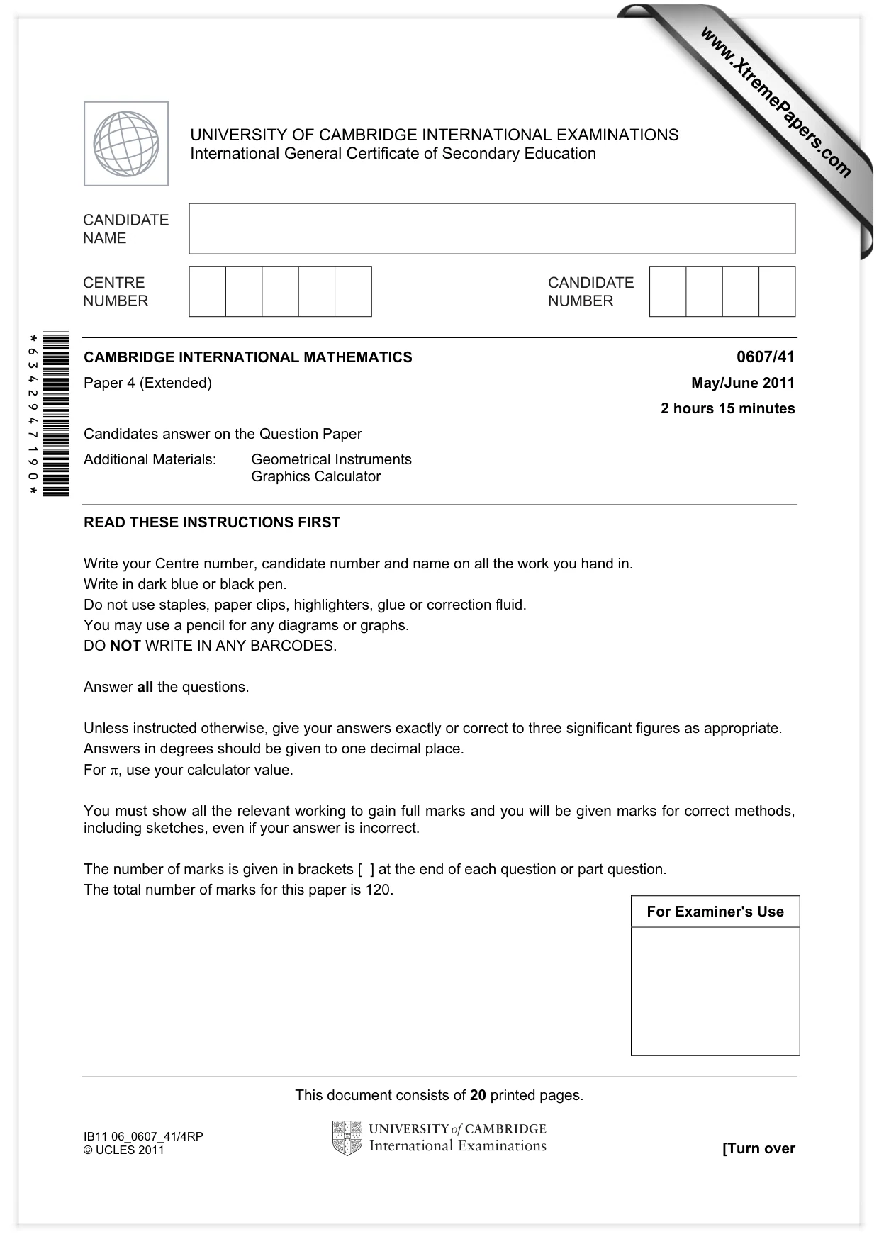 Cambridge IGCSE Mathematics - International 0607 2011 May/June Paper 4 · Variant 1 question paper, page 1 of 20