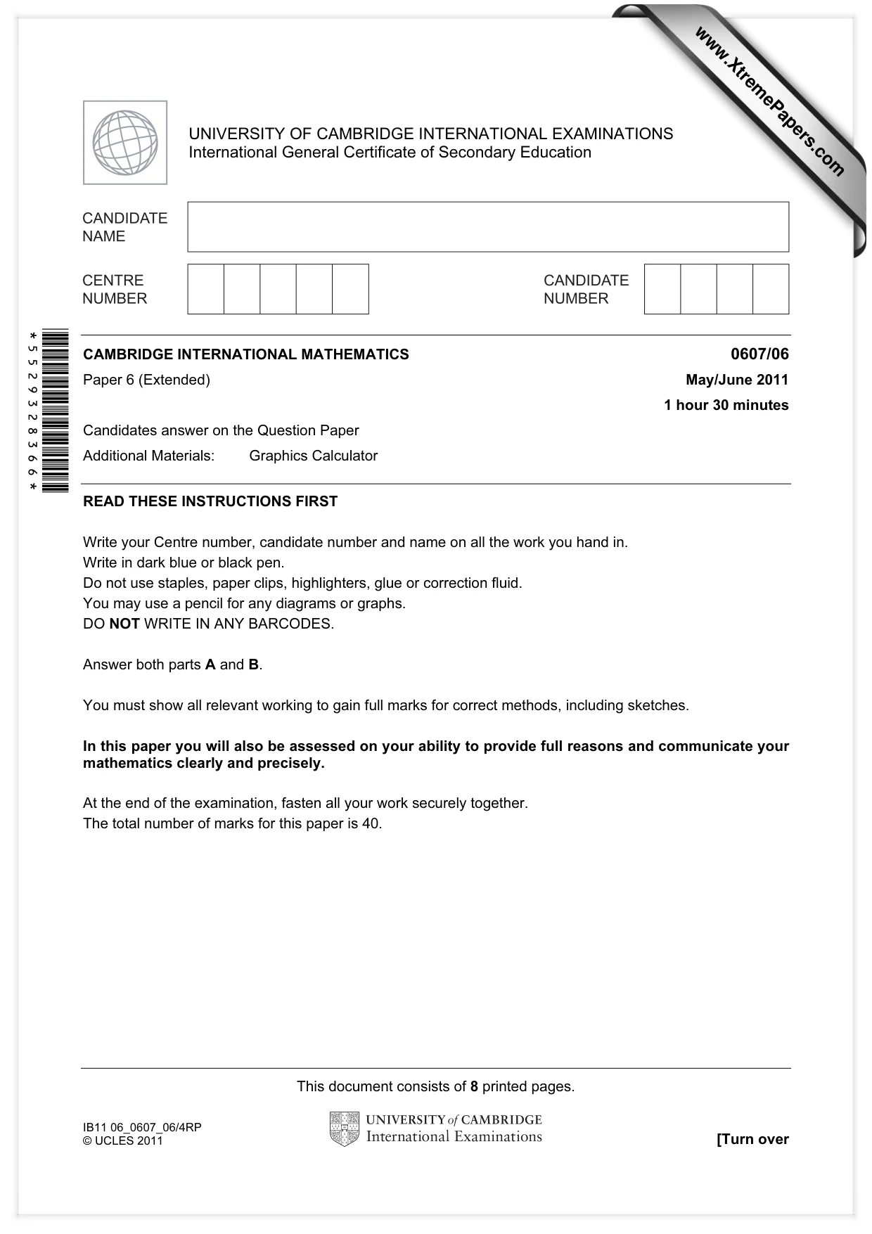 Cambridge IGCSE Mathematics - International 0607 2011 May/June Paper 6 · Variant 1 question paper, page 1 of 8
