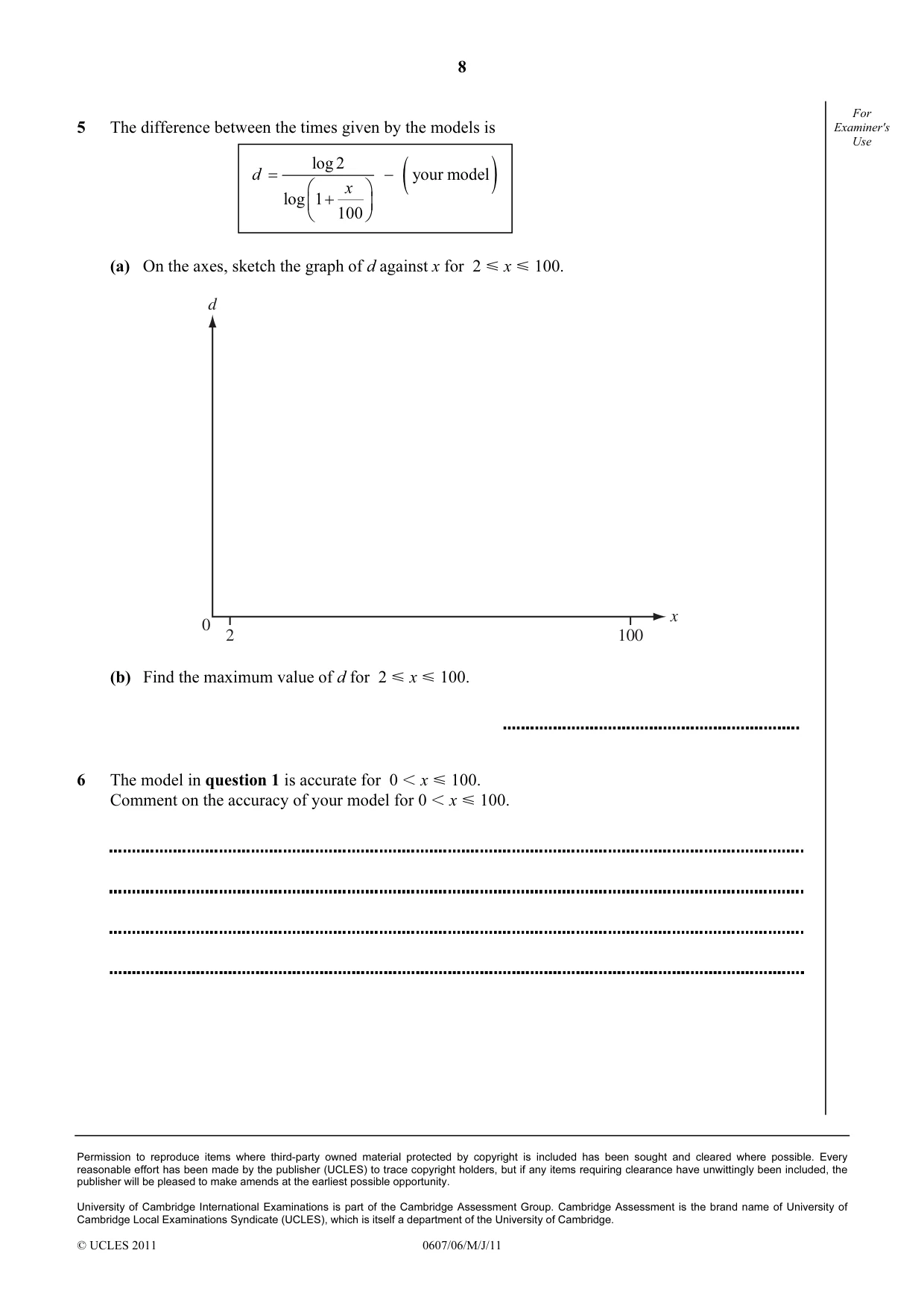 Cambridge IGCSE Mathematics - International 0607 2011 May/June Paper 6 · Variant 1 question paper, page 8 of 8