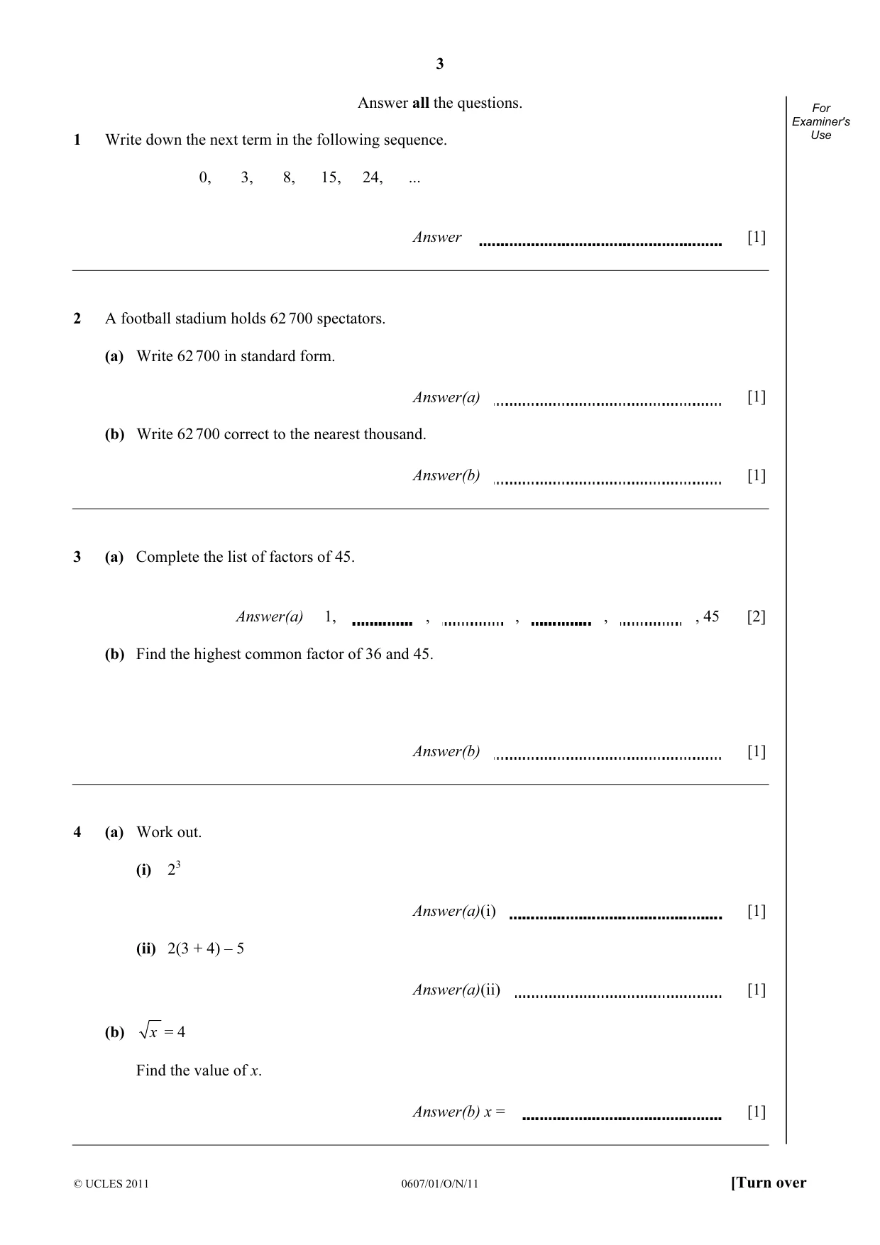 Cambridge IGCSE Mathematics - International 0607 2011 Oct/Nov Paper 1 · Variant 1 question paper, page 3 of 8