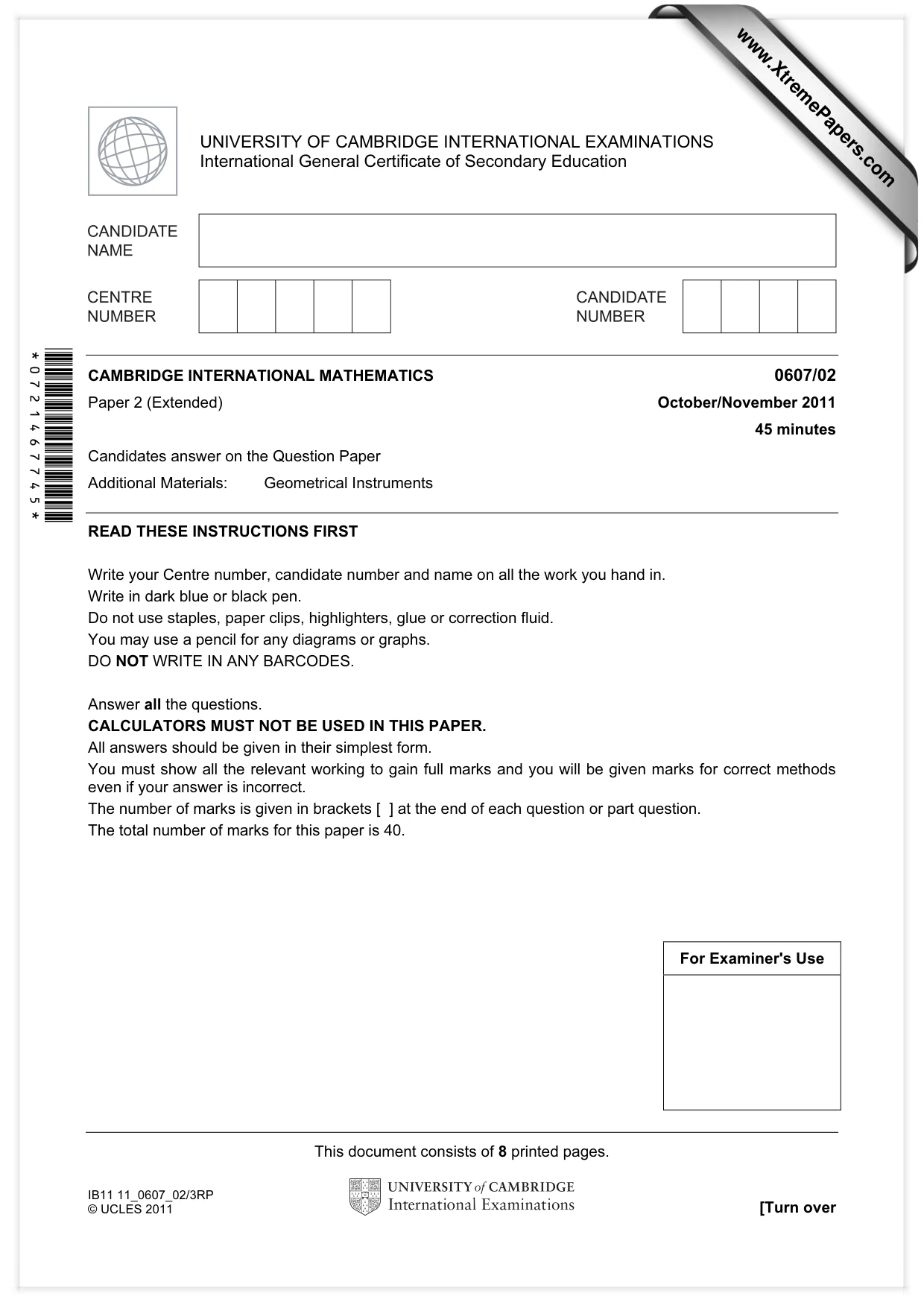 Cambridge IGCSE Mathematics - International 0607 2011 Oct/Nov Paper 2 · Variant 1 question paper, page 1 of 8