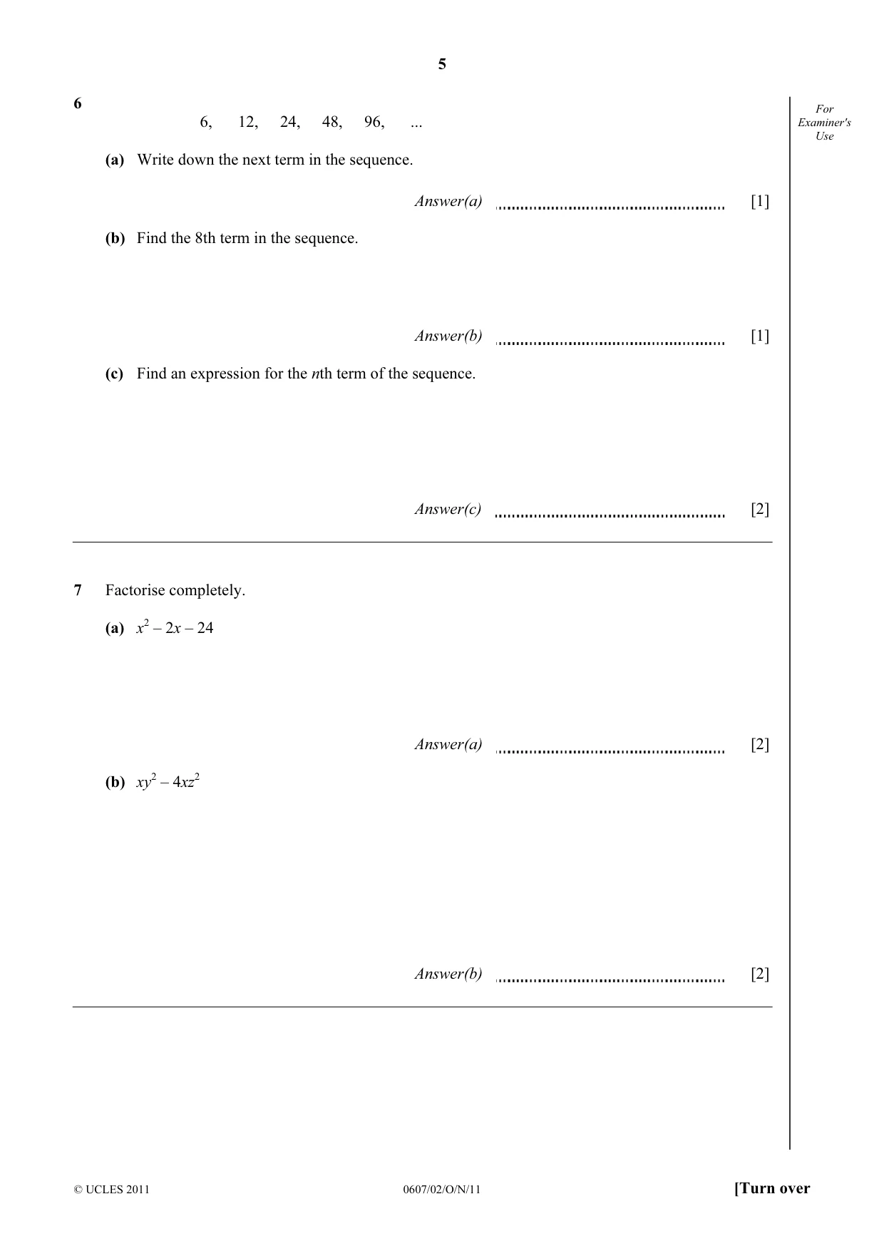 Cambridge IGCSE Mathematics - International 0607 2011 Oct/Nov Paper 2 · Variant 1 question paper, page 5 of 8