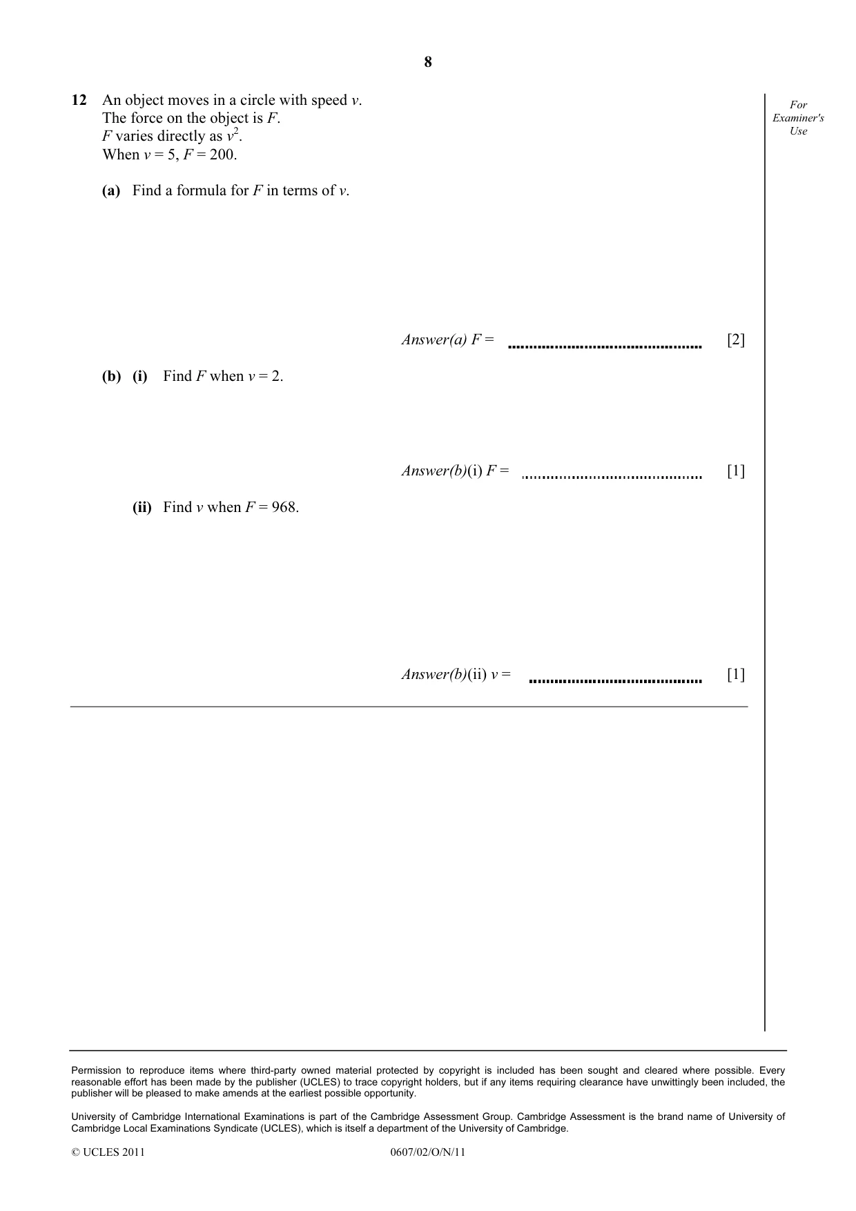 Cambridge IGCSE Mathematics - International 0607 2011 Oct/Nov Paper 2 · Variant 1 question paper, page 8 of 8