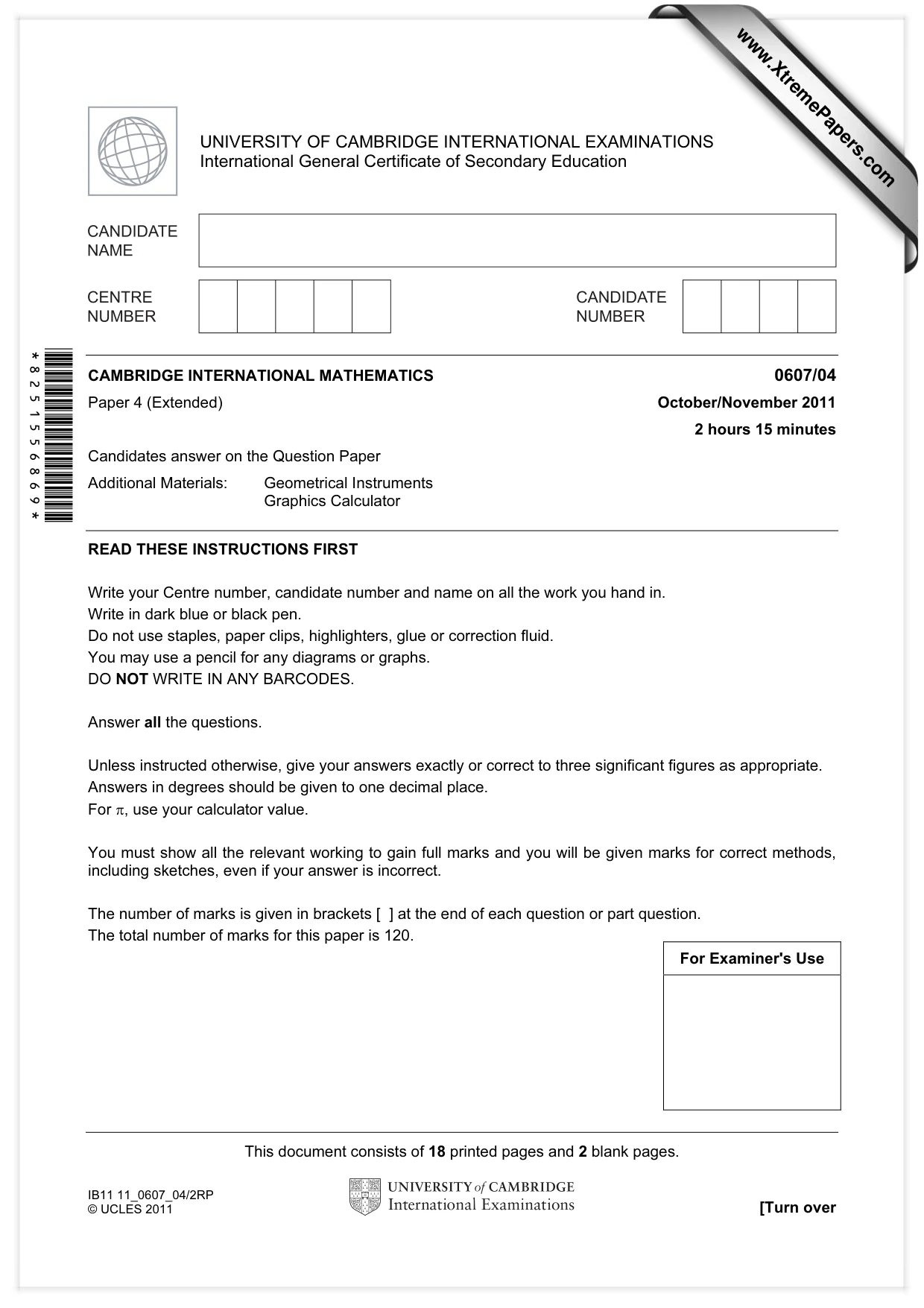 Cambridge IGCSE Mathematics - International 0607 2011 Oct/Nov Paper 4 · Variant 1 question paper, page 1 of 20