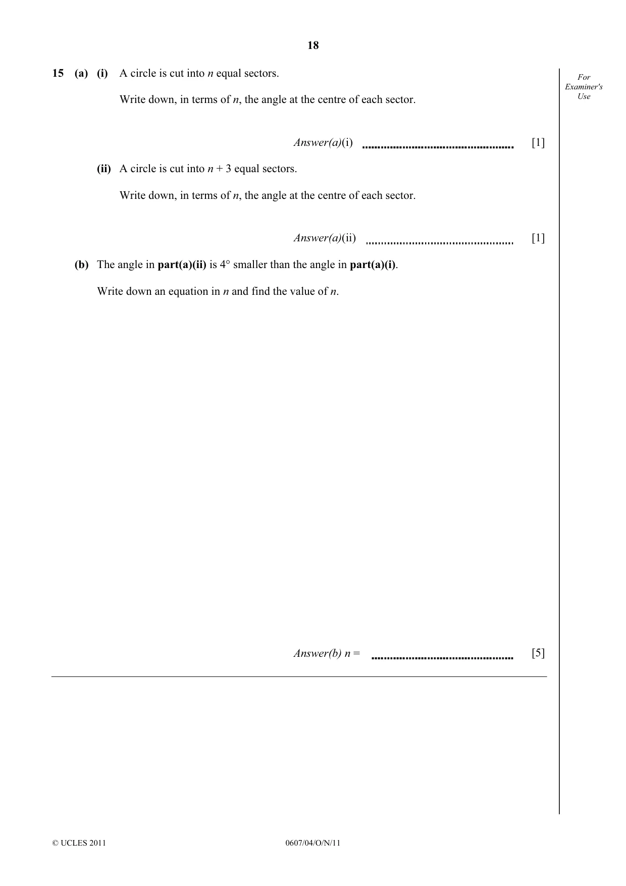 Cambridge IGCSE Mathematics - International 0607 2011 Oct/Nov Paper 4 · Variant 1 question paper, page 18 of 20