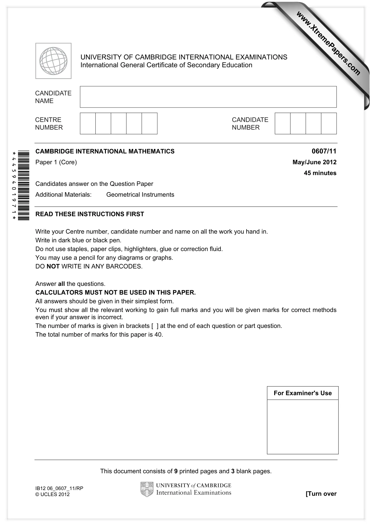 Cambridge IGCSE Mathematics - International 0607 2012 May/June Paper 1 · Variant 1 question paper, page 1 of 12