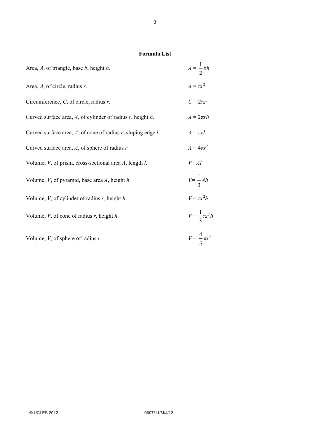 Cambridge IGCSE Mathematics - International 0607 2012 May/June Paper 1 · Variant 1 question paper, page 2 of 12
