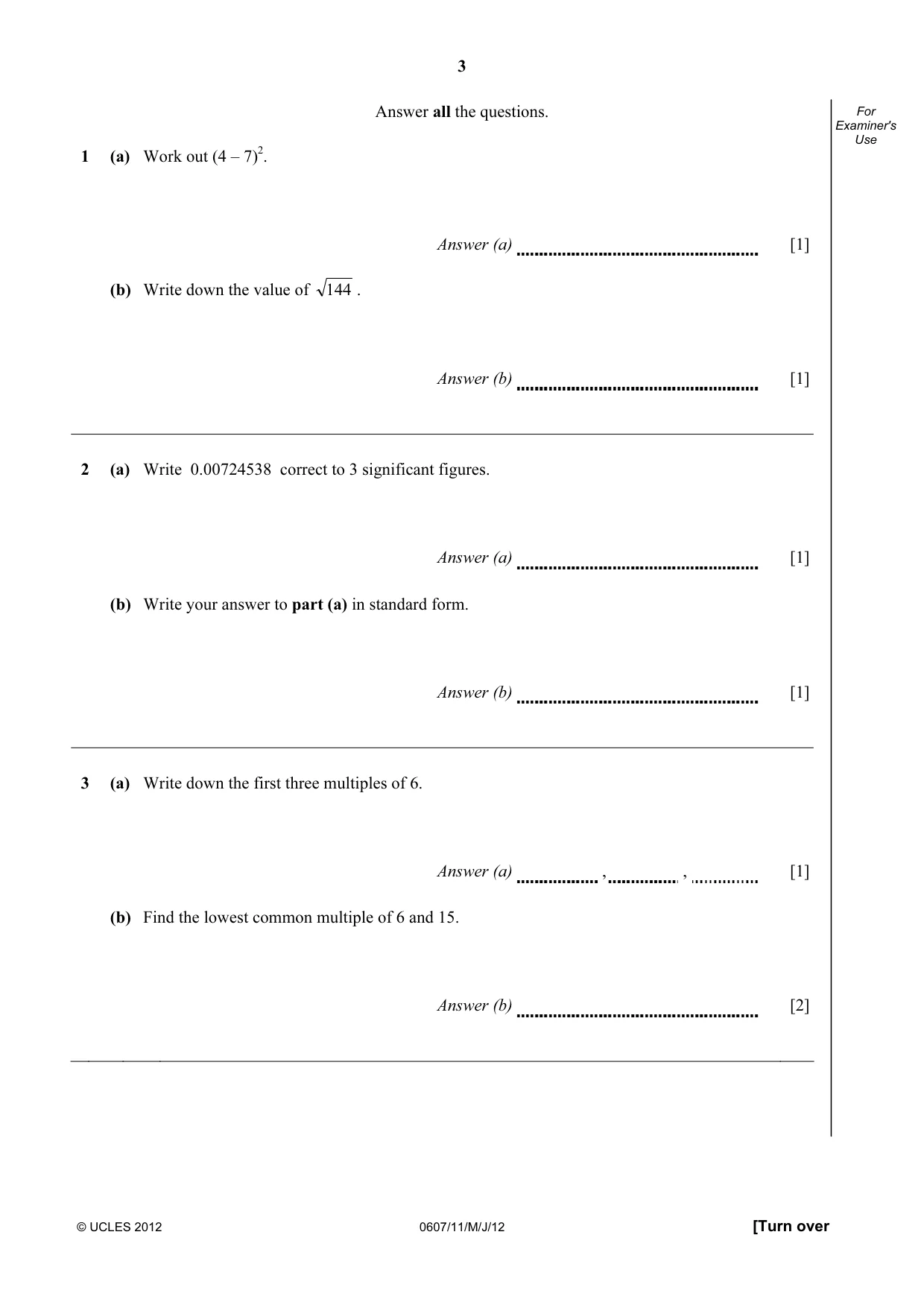 Cambridge IGCSE Mathematics - International 0607 2012 May/June Paper 1 · Variant 1 question paper, page 3 of 12