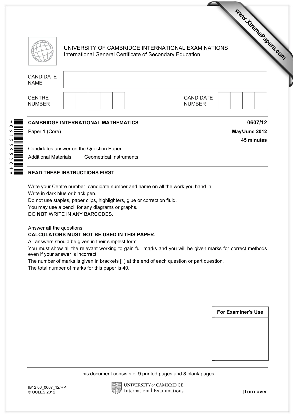 Cambridge IGCSE Mathematics - International 0607 2012 May/June Paper 1 · Variant 2 question paper, page 1 of 12
