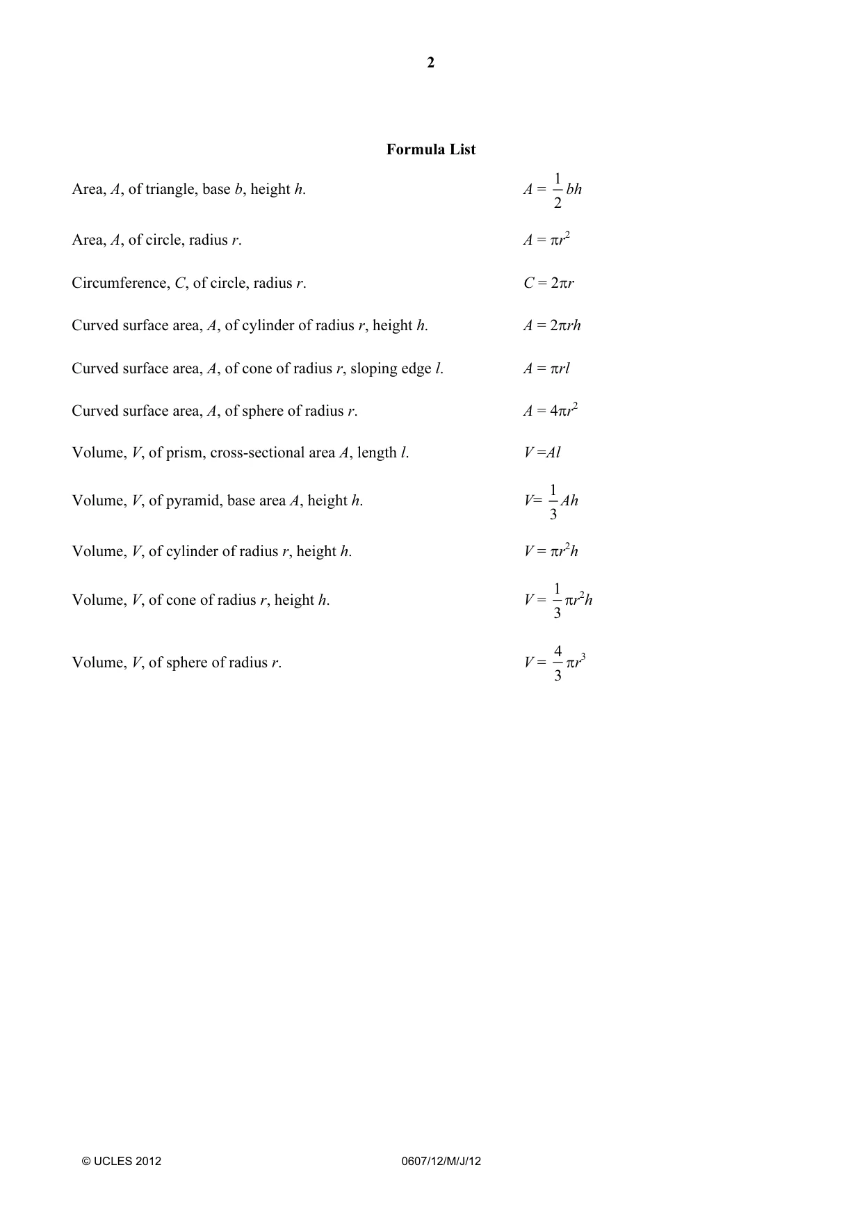 Cambridge IGCSE Mathematics - International 0607 2012 May/June Paper 1 · Variant 2 question paper, page 2 of 12