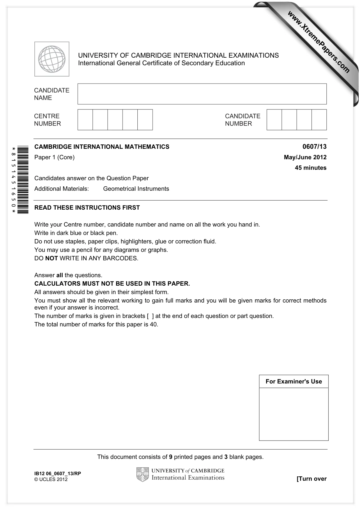 Cambridge IGCSE Mathematics - International 0607 2012 May/June Paper 1 · Variant 3 question paper, page 1 of 12