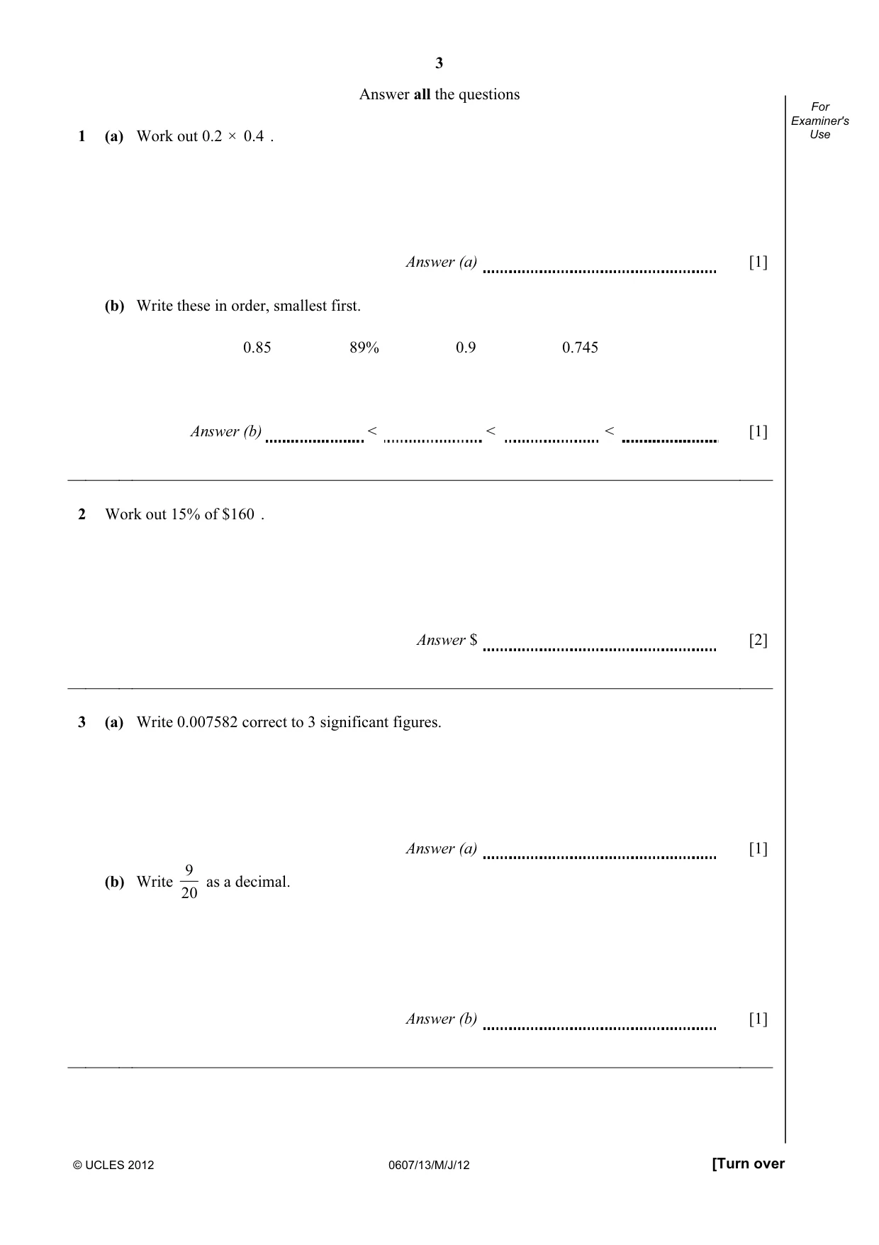 Cambridge IGCSE Mathematics - International 0607 2012 May/June Paper 1 · Variant 3 question paper, page 3 of 12