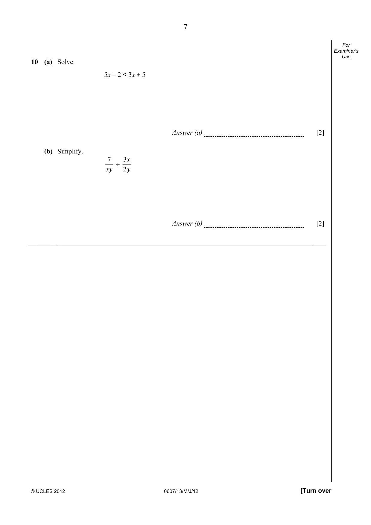 Cambridge IGCSE Mathematics - International 0607 2012 May/June Paper 1 · Variant 3 question paper, page 7 of 12