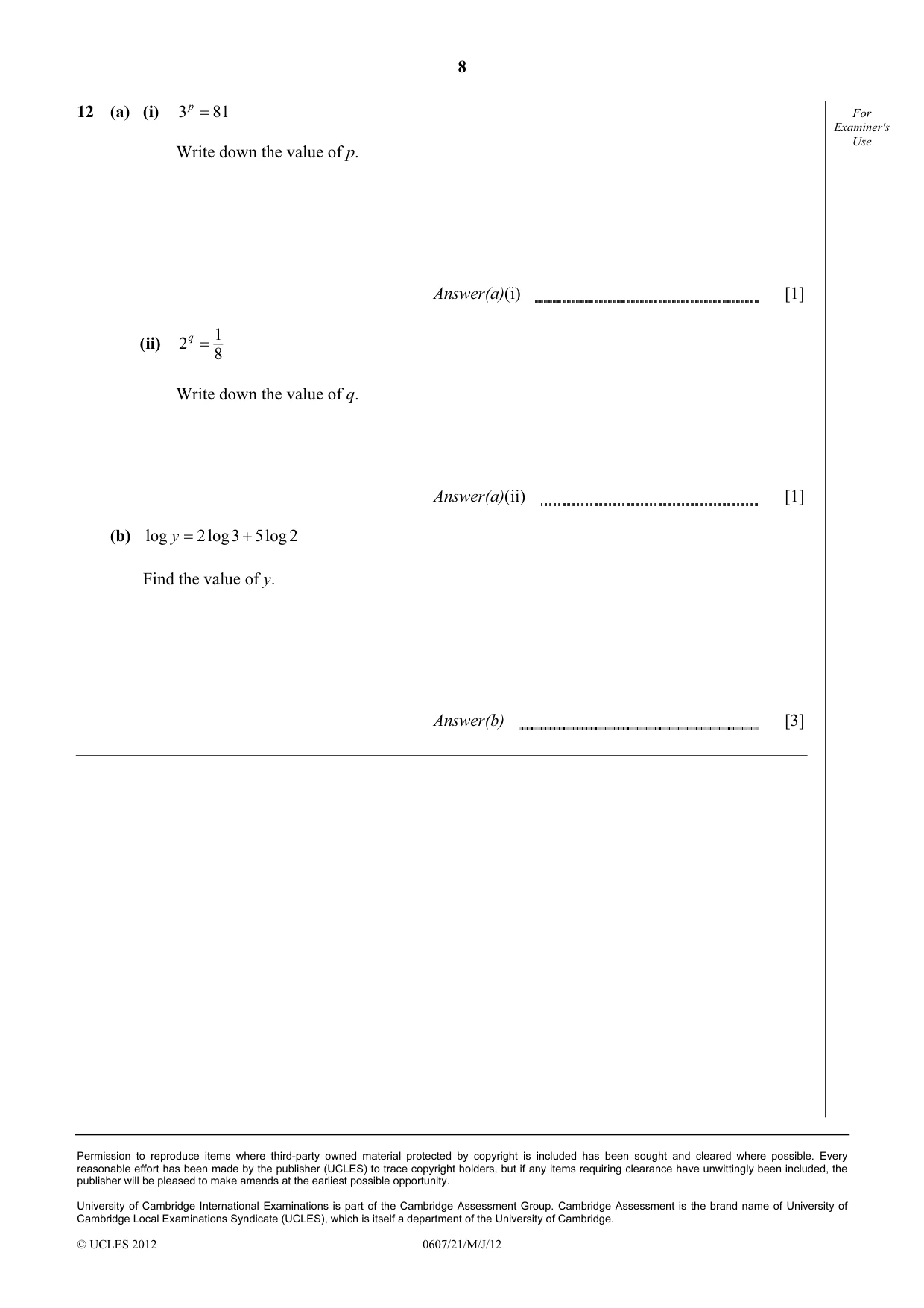 Cambridge IGCSE Mathematics - International 0607 2012 May/June Paper 2 · Variant 1 question paper, page 8 of 8