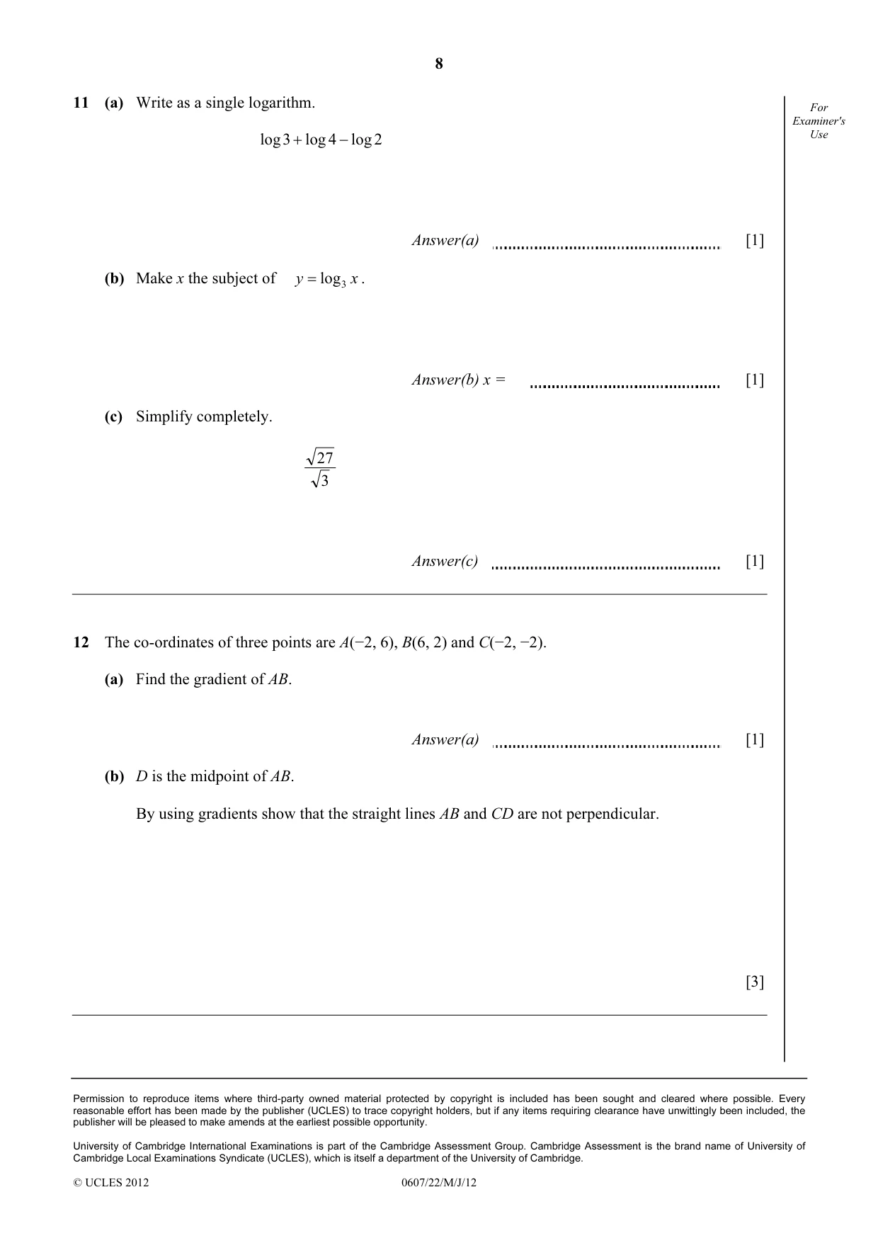 Cambridge IGCSE Mathematics - International 0607 2012 May/June Paper 2 · Variant 2 question paper, page 8 of 8
