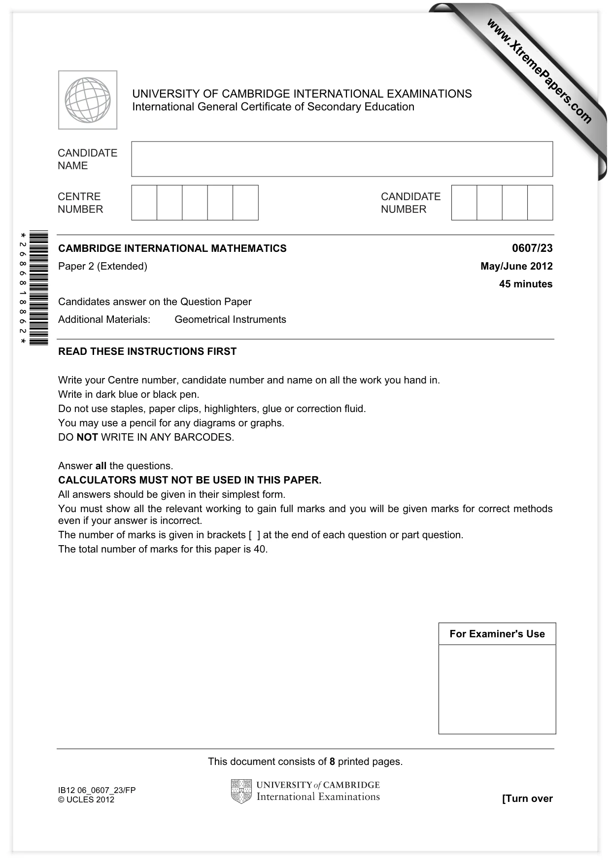 Cambridge IGCSE Mathematics - International 0607 2012 May/June Paper 2 · Variant 3 question paper, page 1 of 8