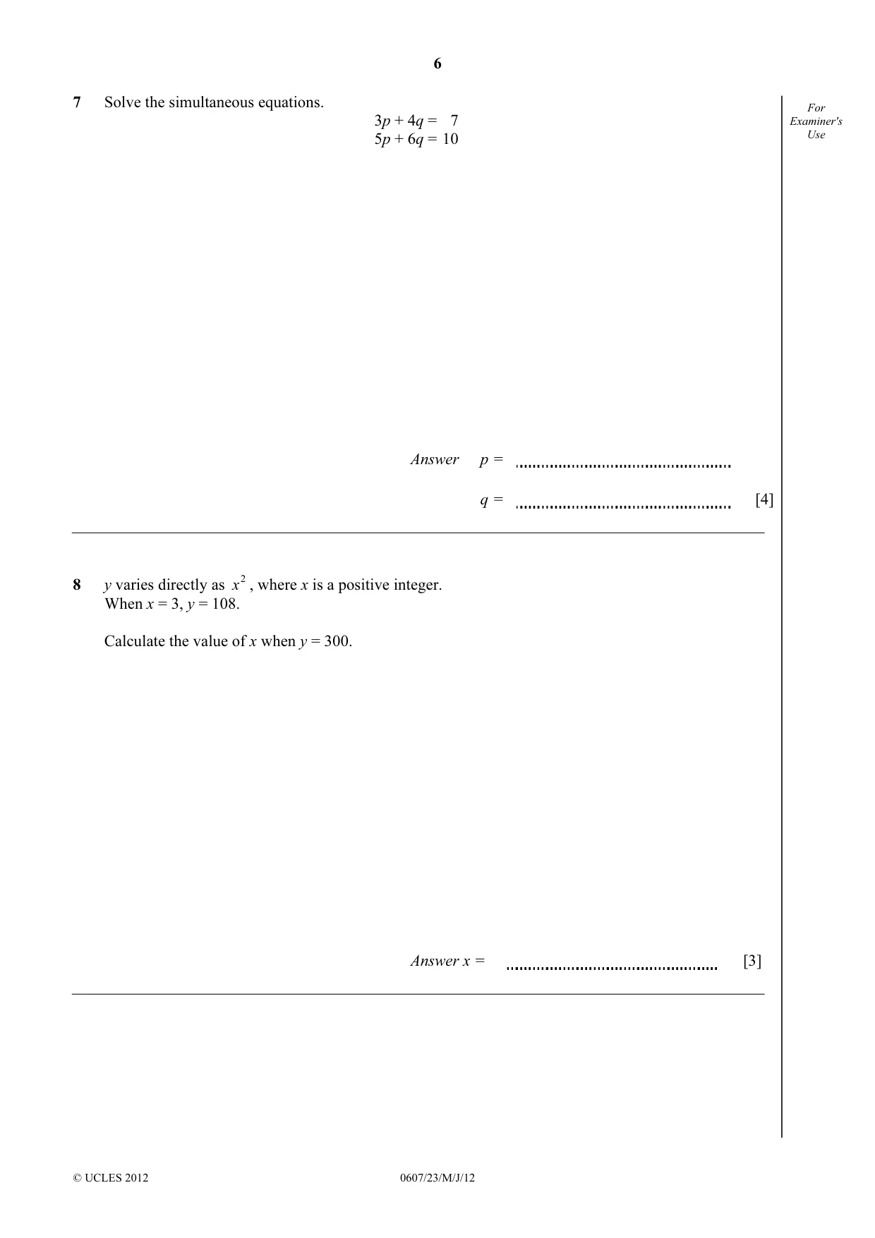 Cambridge IGCSE Mathematics - International 0607 2012 May/June Paper 2 · Variant 3 question paper, page 6 of 8