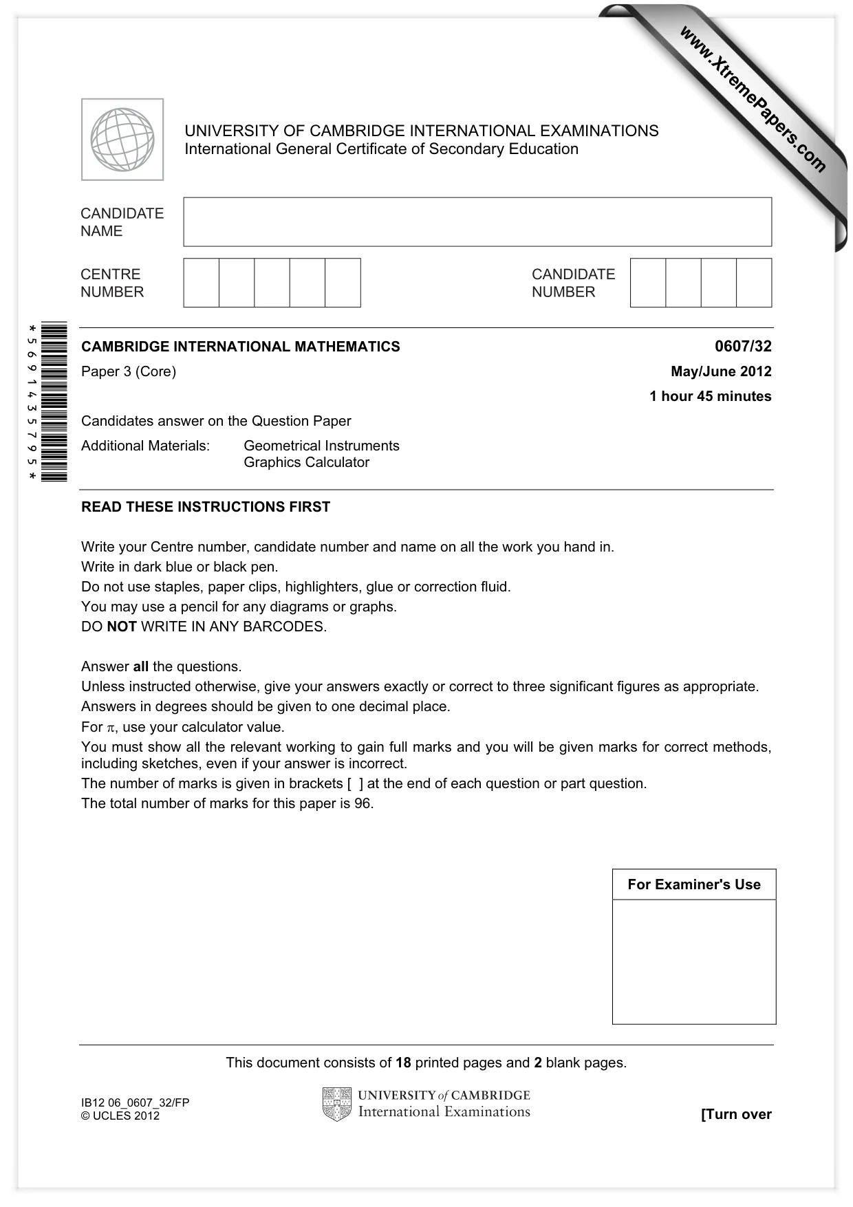 Cambridge IGCSE Mathematics - International 0607 2012 May/June Paper 3 · Variant 2 question paper, page 1 of 20
