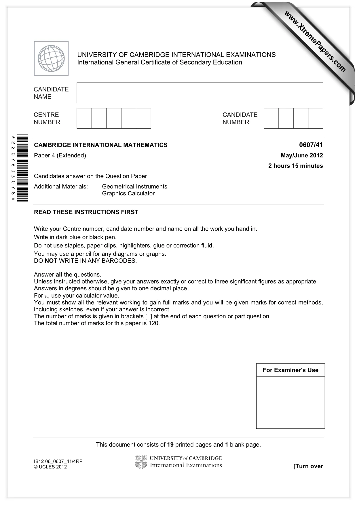Cambridge IGCSE Mathematics - International 0607 2012 May/June Paper 4 · Variant 1 question paper, page 1 of 20