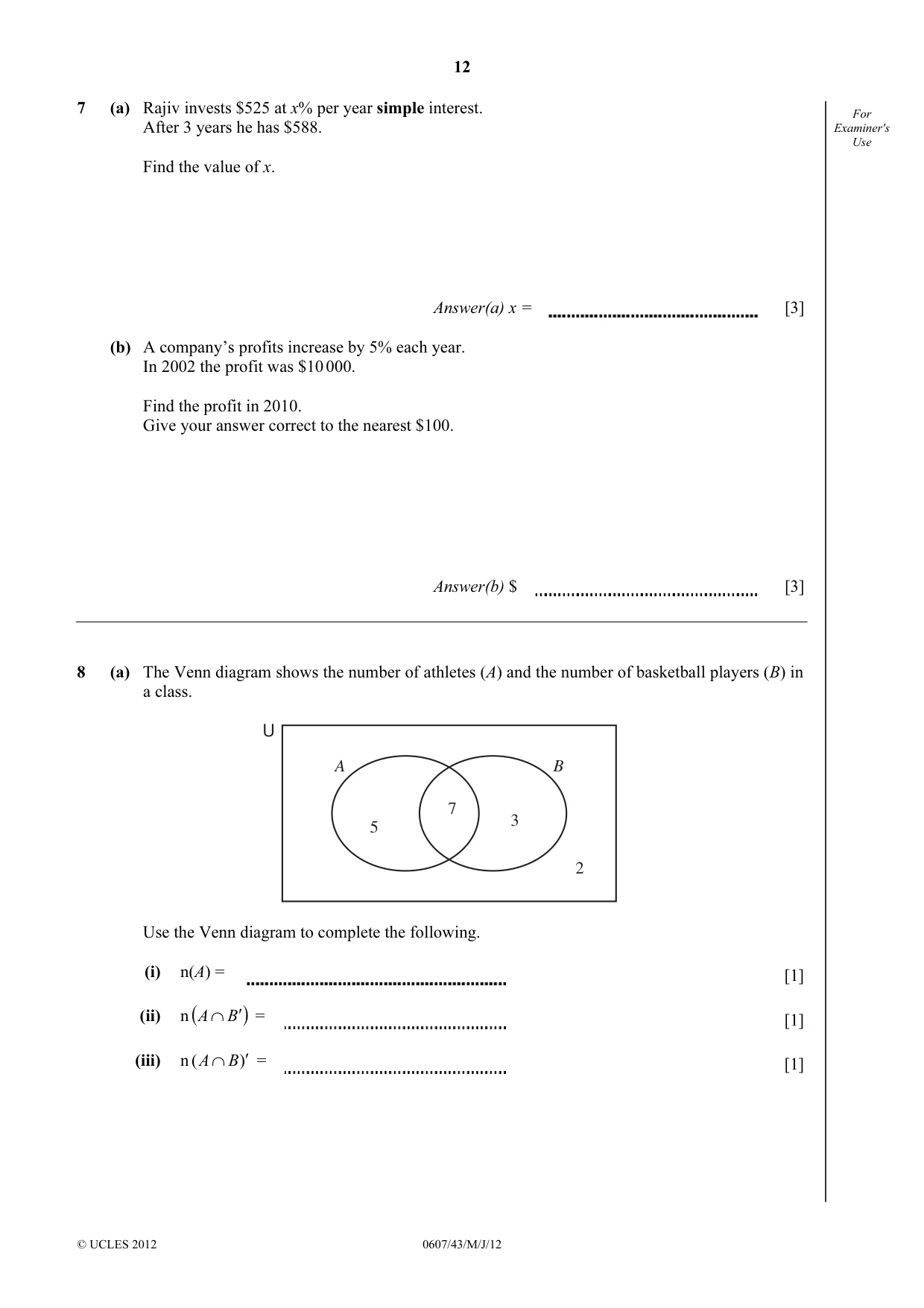 Cambridge IGCSE Mathematics - International 0607 2012 May/June Paper 4 · Variant 3 question paper, page 12 of 20