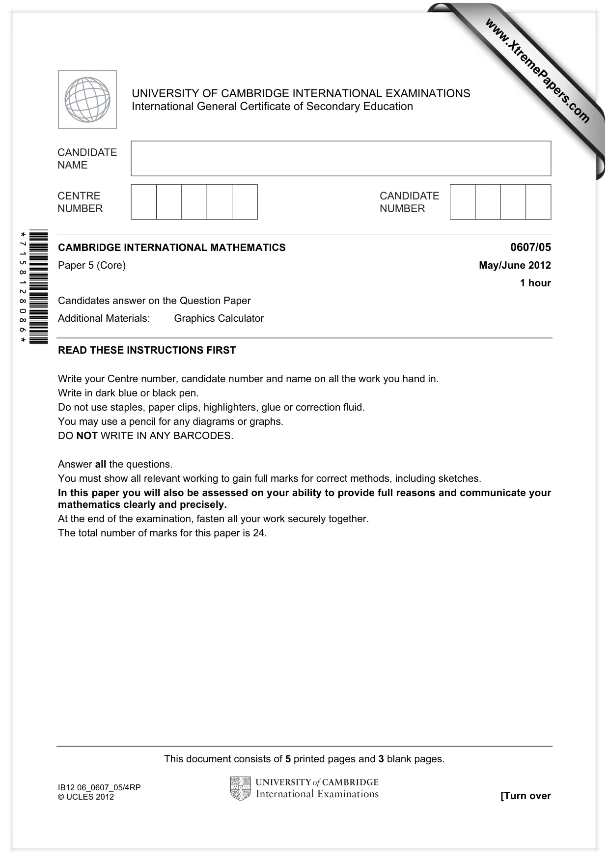 Cambridge IGCSE Mathematics - International 0607 2012 May/June Paper 5 · Variant 1 question paper, page 1 of 8