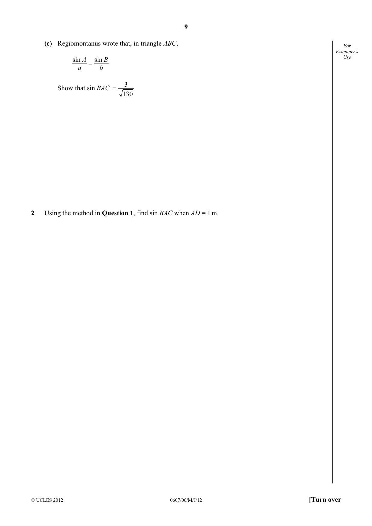 Cambridge IGCSE Mathematics - International 0607 2012 May/June Paper 6 · Variant 1 question paper, page 9 of 12