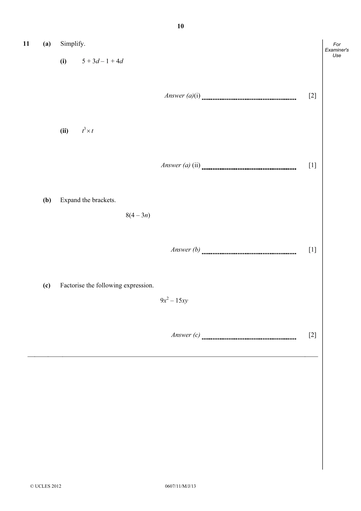 Cambridge IGCSE Mathematics - International 0607 2013 May/June Paper 1 · Variant 1 question paper, page 10 of 12