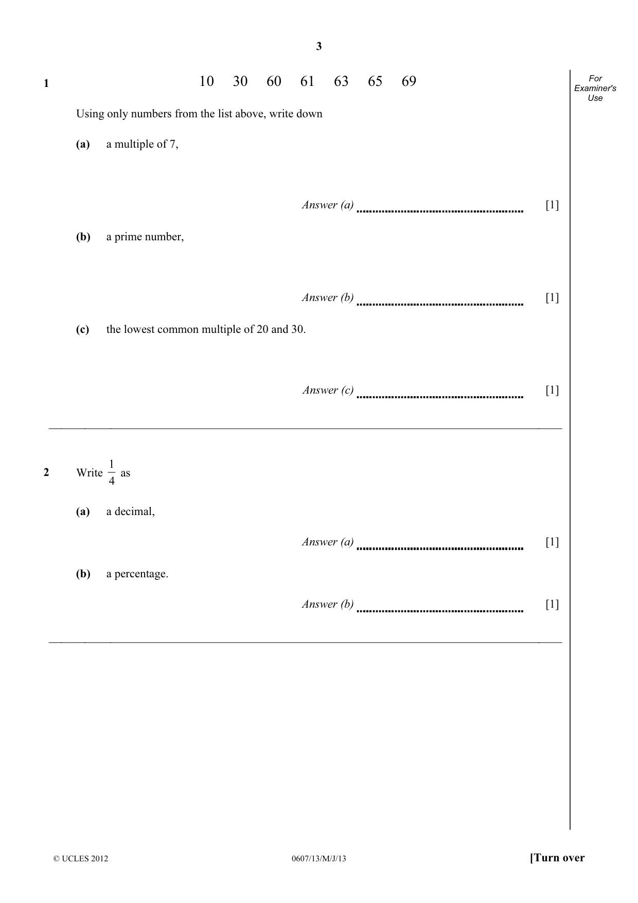 Cambridge IGCSE Mathematics - International 0607 2013 May/June Paper 1 · Variant 3 question paper, page 3 of 12
