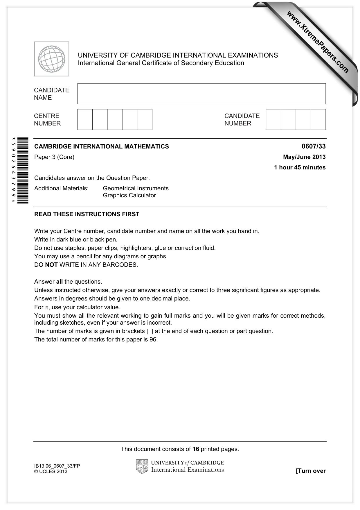 Cambridge IGCSE Mathematics - International 0607 2013 May/June Paper 3 · Variant 3 question paper, page 1 of 16