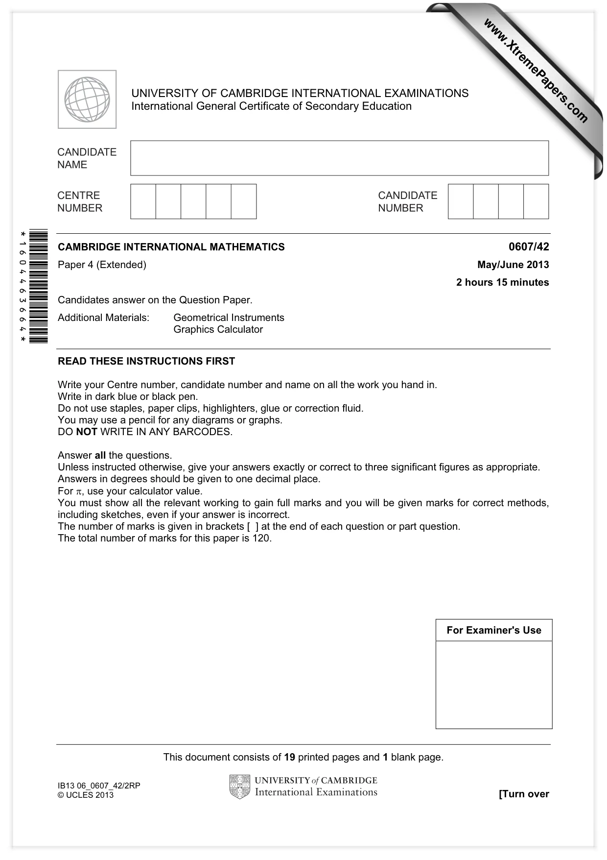 Cambridge IGCSE Mathematics - International 0607 2013 May/June Paper 4 · Variant 2 question paper, page 1 of 20
