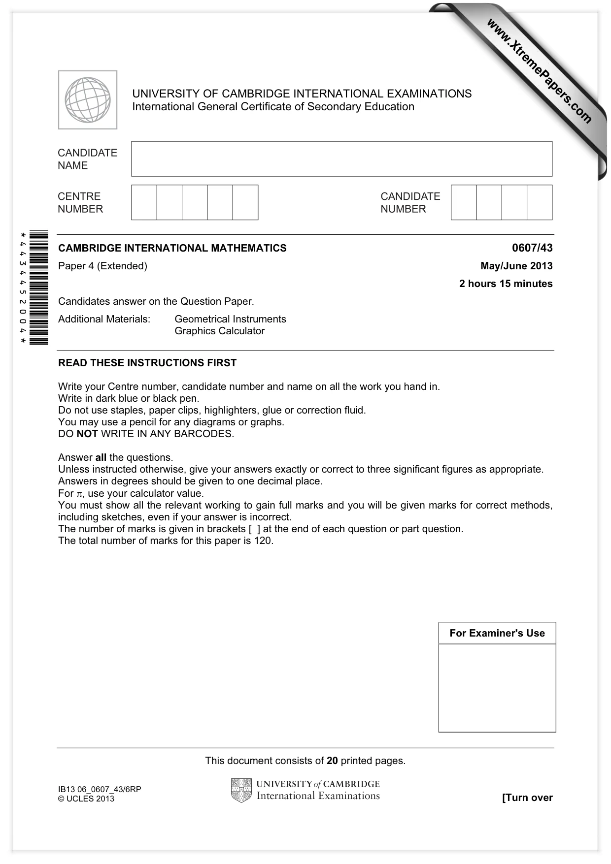 Cambridge IGCSE Mathematics - International 0607 2013 May/June Paper 4 · Variant 3 question paper, page 1 of 20