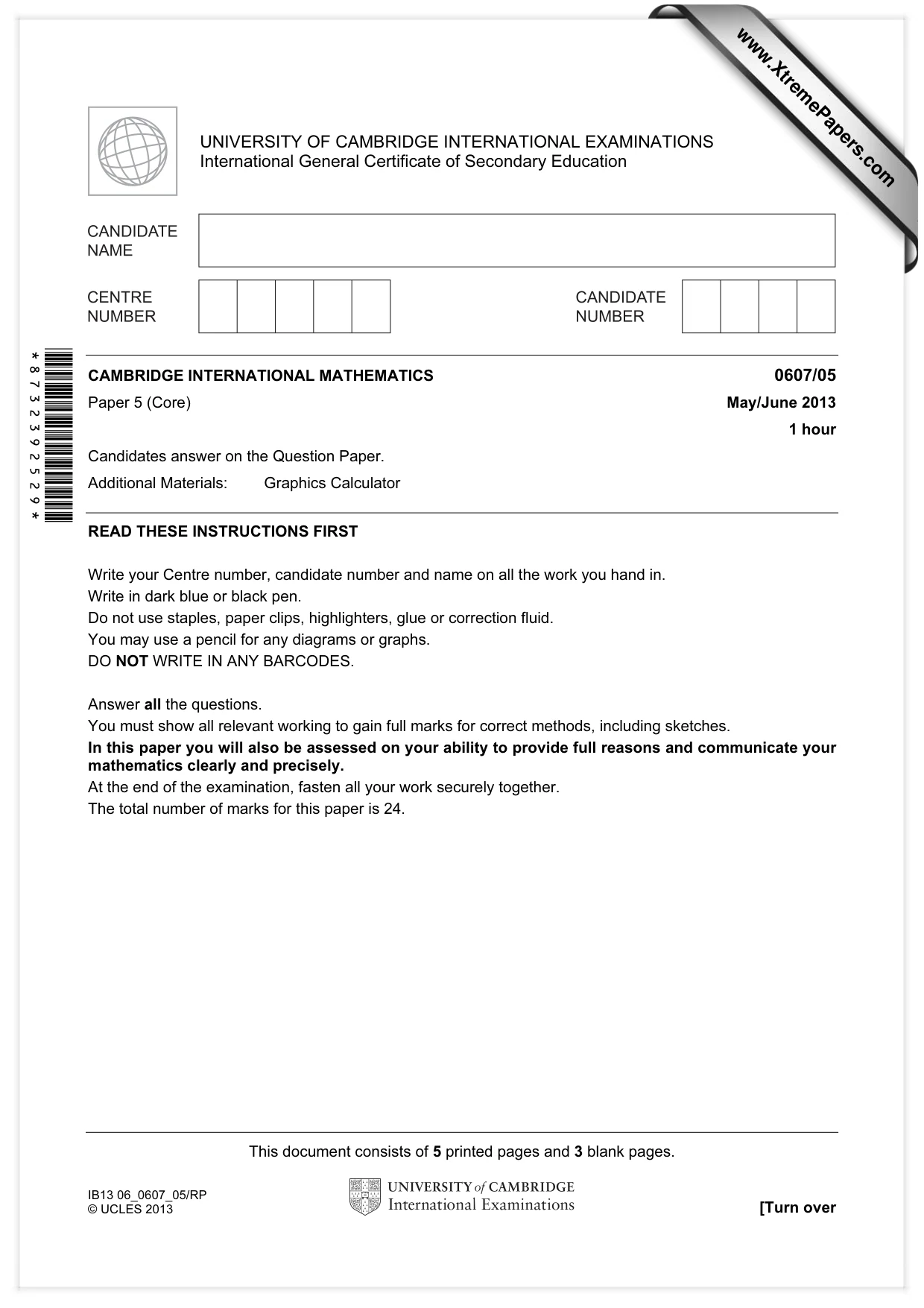 Cambridge IGCSE Mathematics - International 0607 2013 May/June Paper 5 · Variant 1 question paper, page 1 of 8