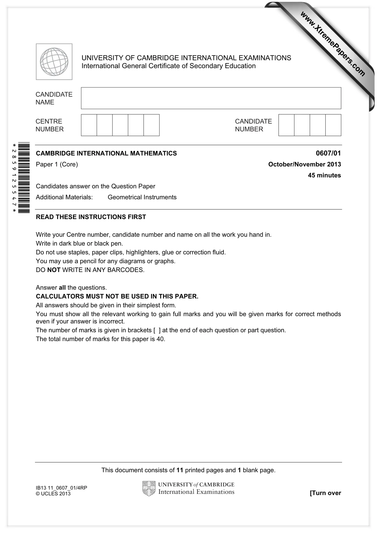 Cambridge IGCSE Mathematics - International 0607 2013 Oct/Nov Paper 1 · Variant 1 question paper, page 1 of 12