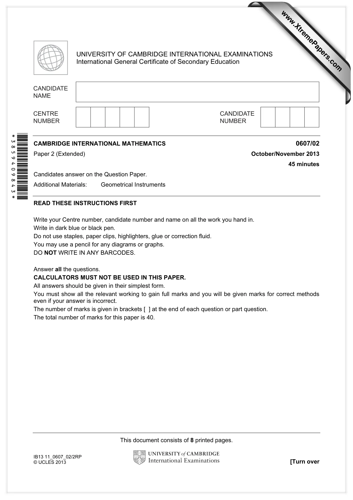 Cambridge IGCSE Mathematics - International 0607 2013 Oct/Nov Paper 2 · Variant 1 question paper, page 1 of 8