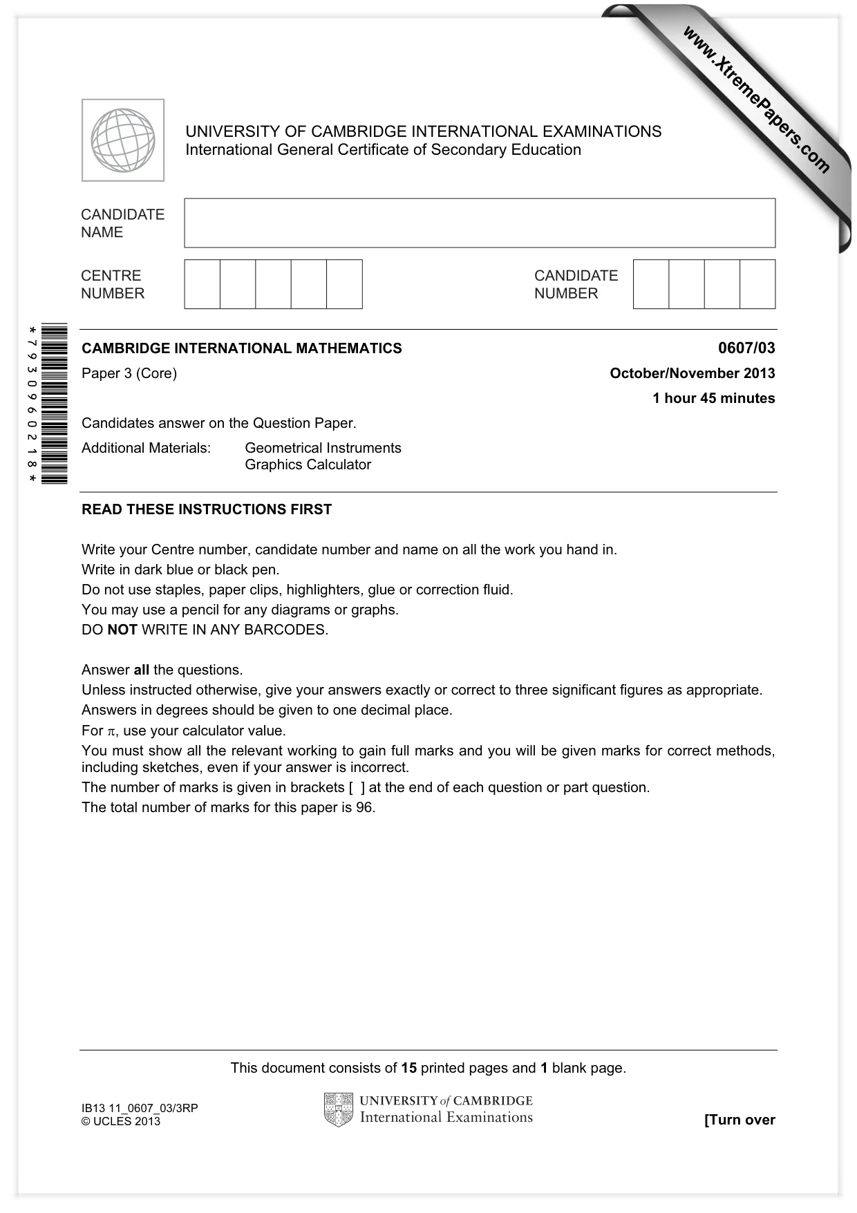 Cambridge IGCSE Mathematics - International 0607 2013 Oct/Nov Paper 3 · Variant 1 question paper, page 1 of 16