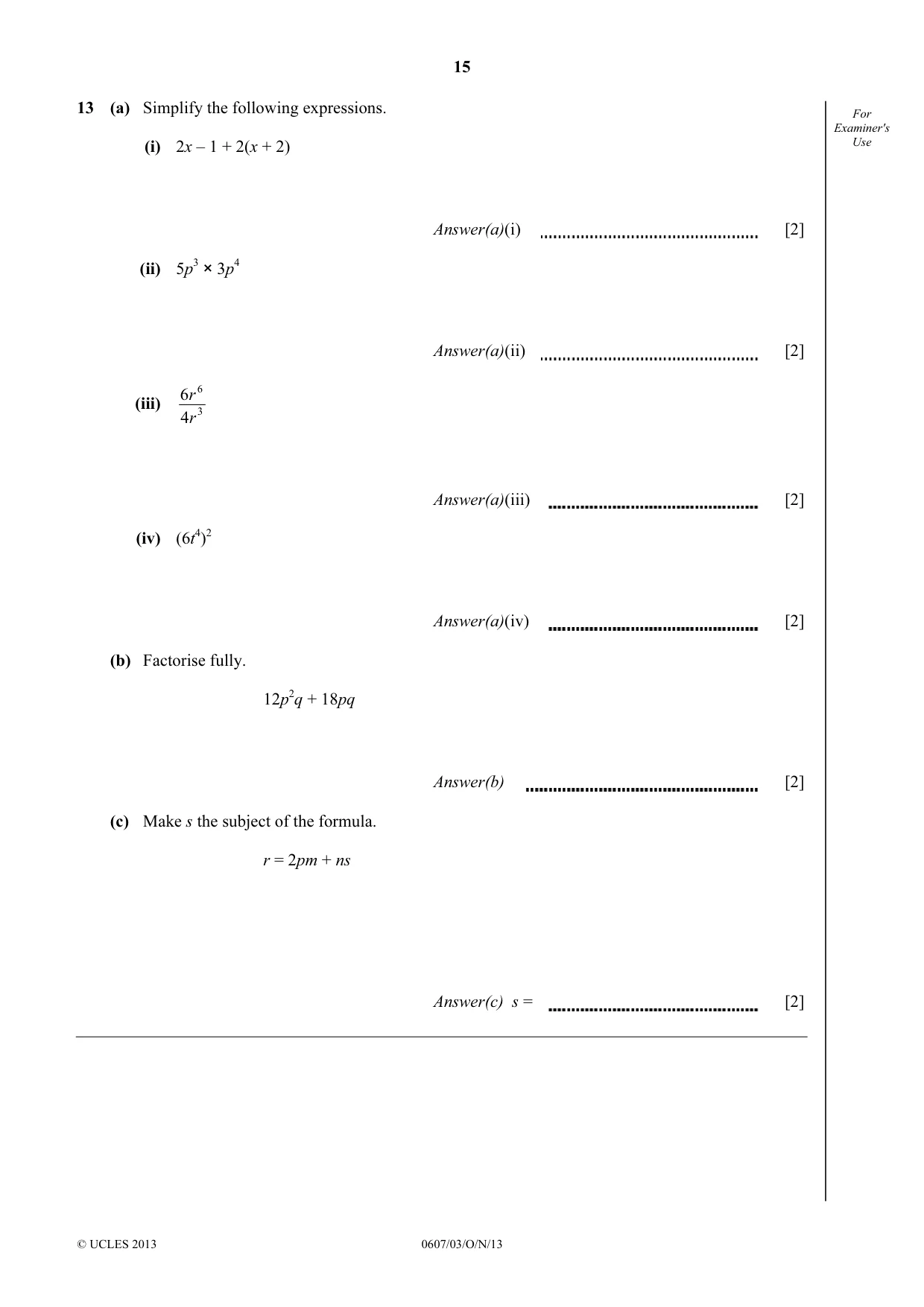 Cambridge IGCSE Mathematics - International 0607 2013 Oct/Nov Paper 3 · Variant 1 question paper, page 15 of 16