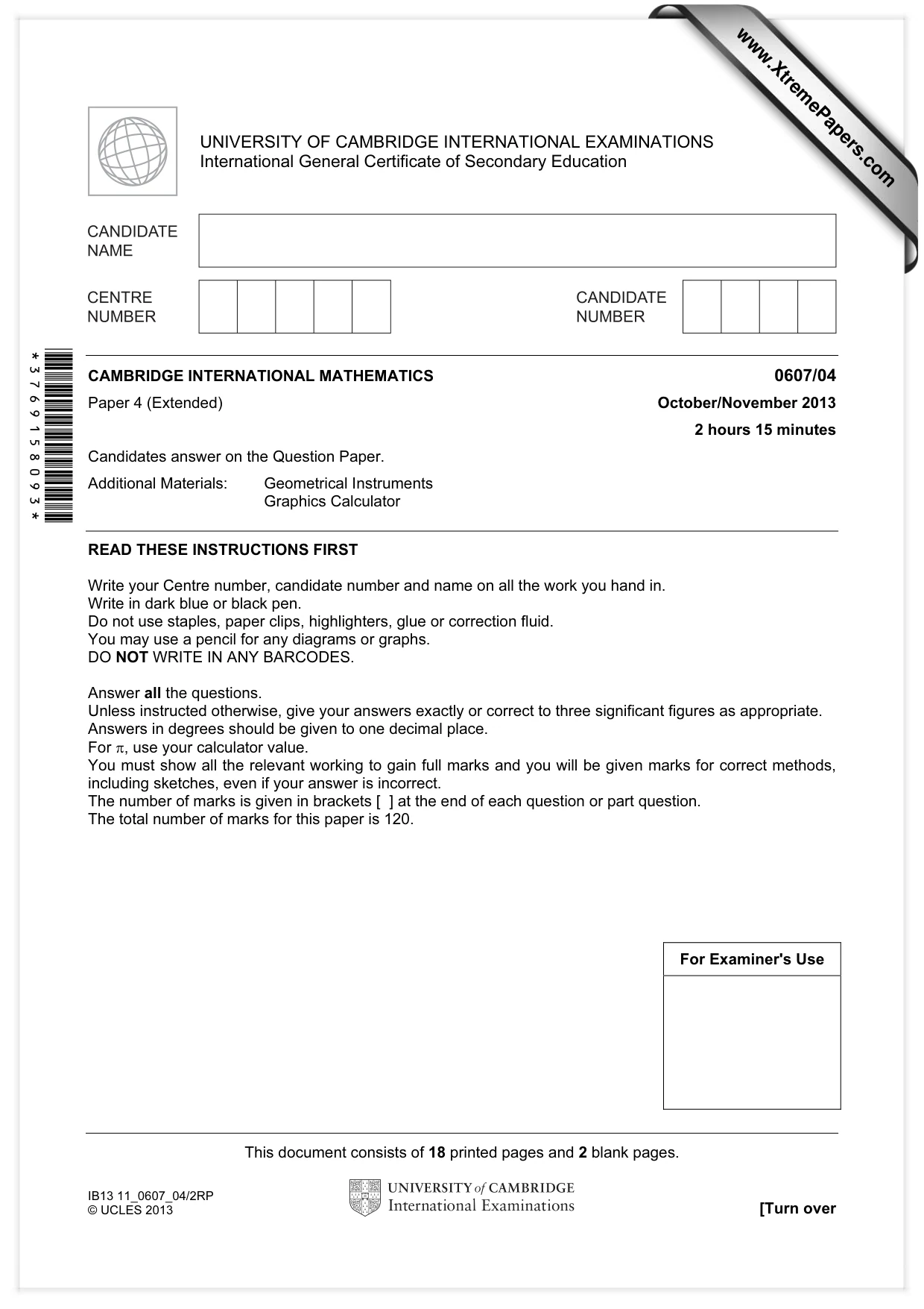 Cambridge IGCSE Mathematics - International 0607 2013 Oct/Nov Paper 4 · Variant 1 question paper, page 1 of 20