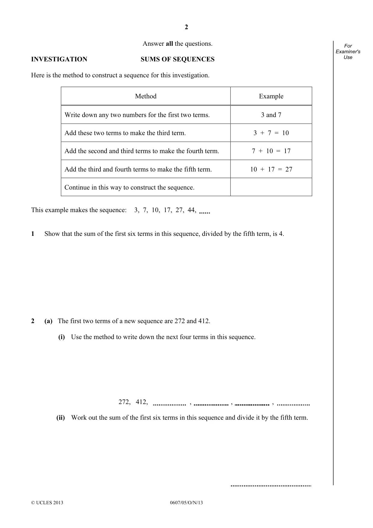 Cambridge IGCSE Mathematics - International 0607 2013 Oct/Nov Paper 5 · Variant 1 question paper, page 2 of 8