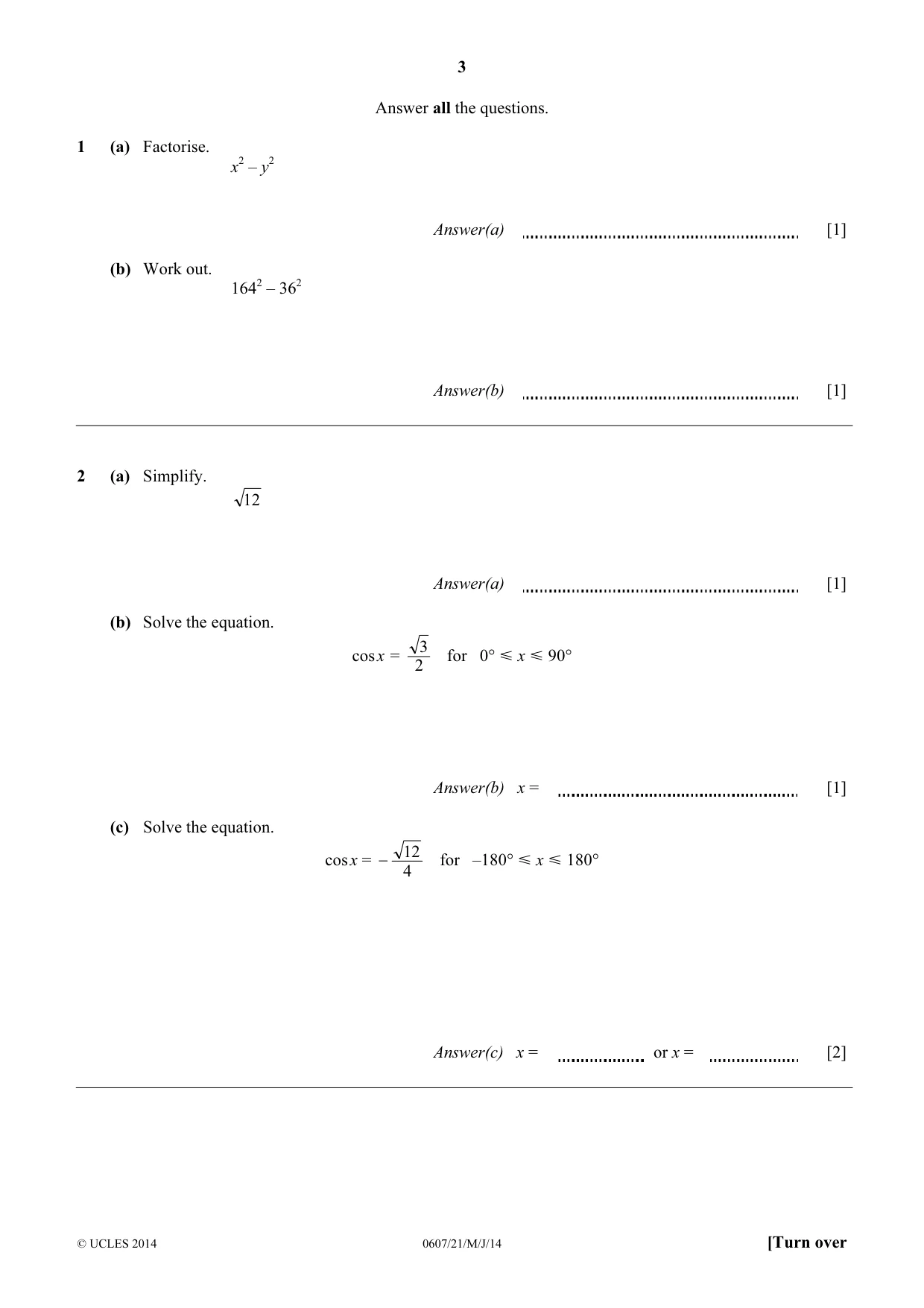 Cambridge IGCSE Mathematics - International 0607 2014 May/June Paper 2 · Variant 1 question paper, page 3 of 8