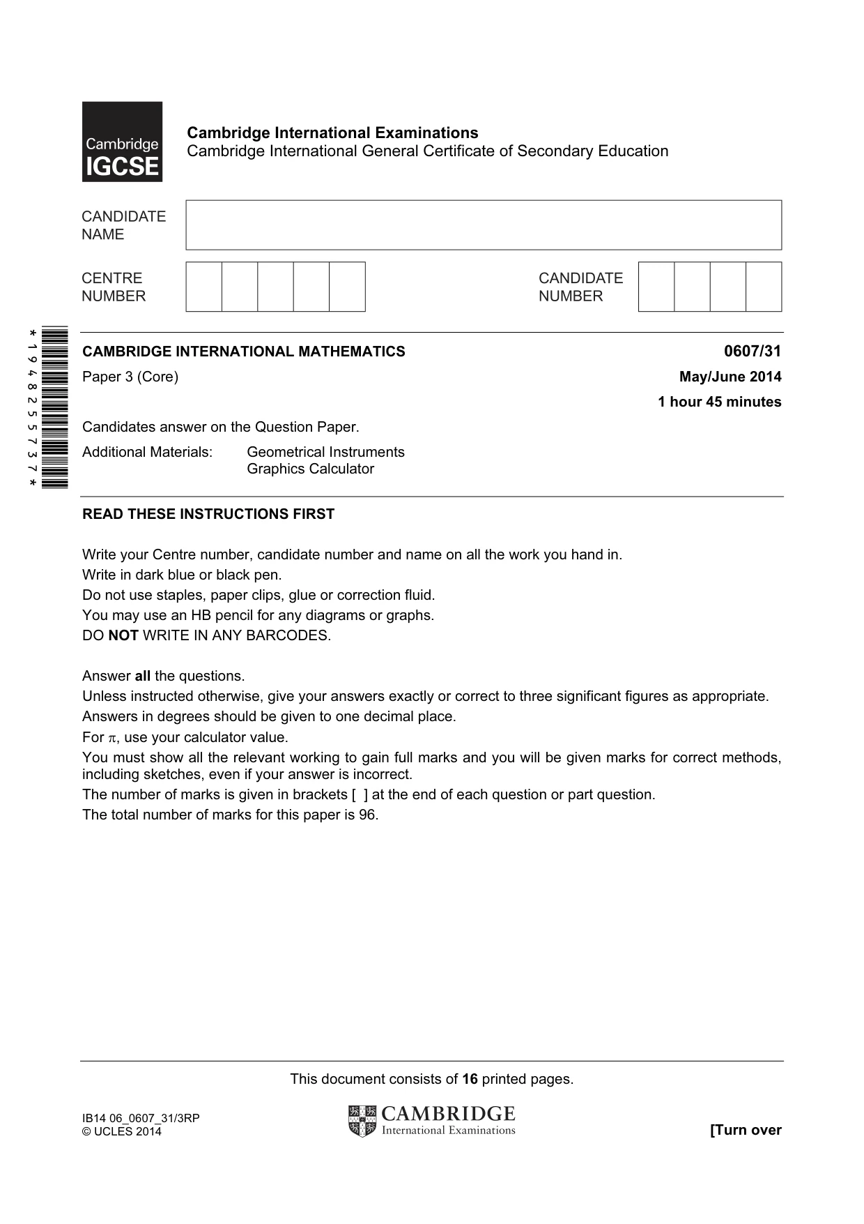 Cambridge IGCSE Mathematics - International 0607 2014 May/June Paper 3 · Variant 1 question paper, page 1 of 16