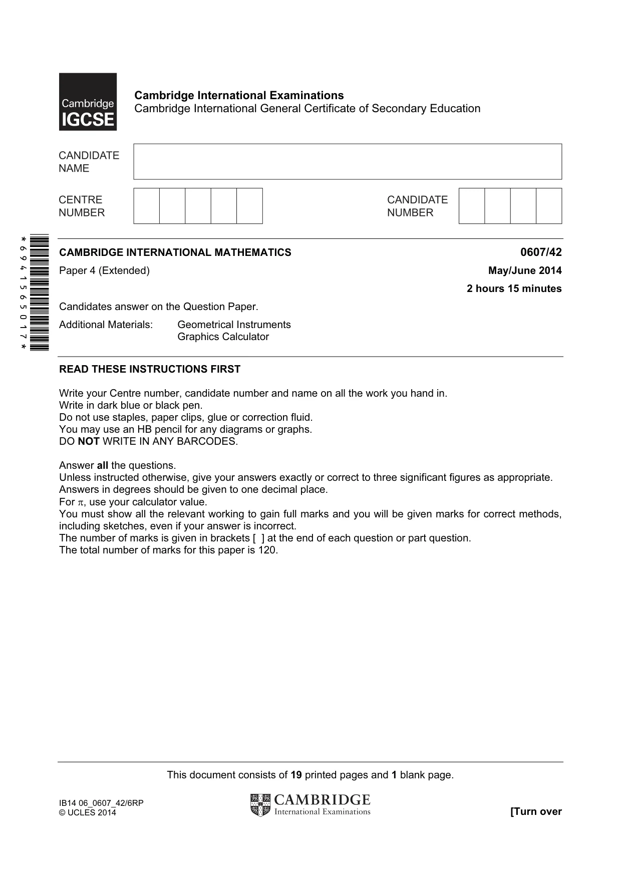 Cambridge IGCSE Mathematics - International 0607 2014 May/June Paper 4 · Variant 2 question paper, page 1 of 20