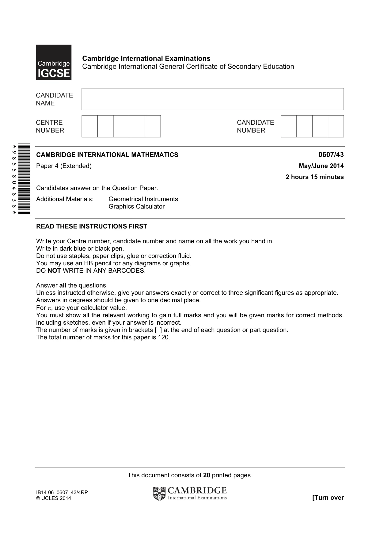 Cambridge IGCSE Mathematics - International 0607 2014 May/June Paper 4 · Variant 3 question paper, page 1 of 20