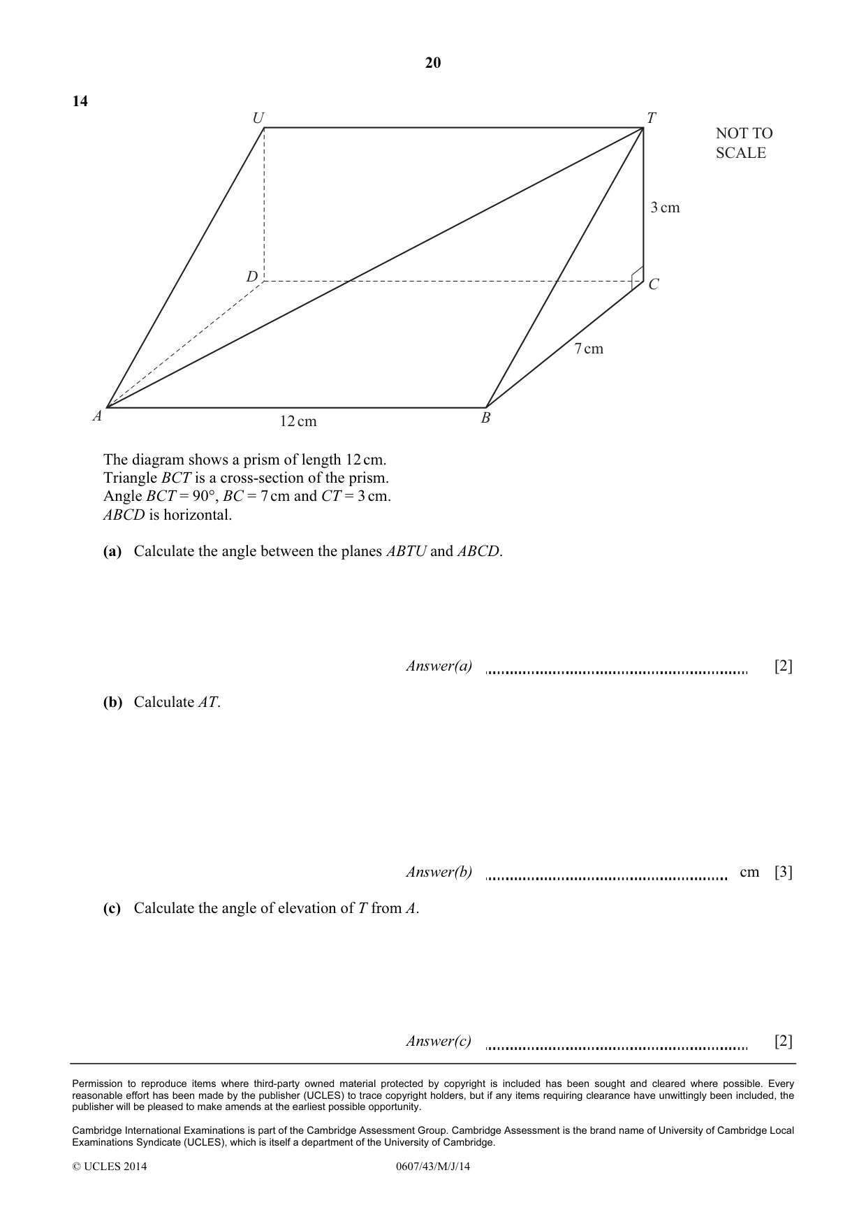 Cambridge IGCSE Mathematics - International 0607 2014 May/June Paper 4 · Variant 3 question paper, page 20 of 20