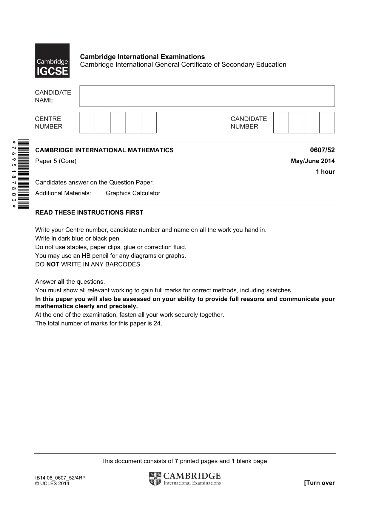 Cambridge IGCSE Mathematics - International 0607 2014 May/June Paper 5 · Variant 2 question paper, page 1 of 8