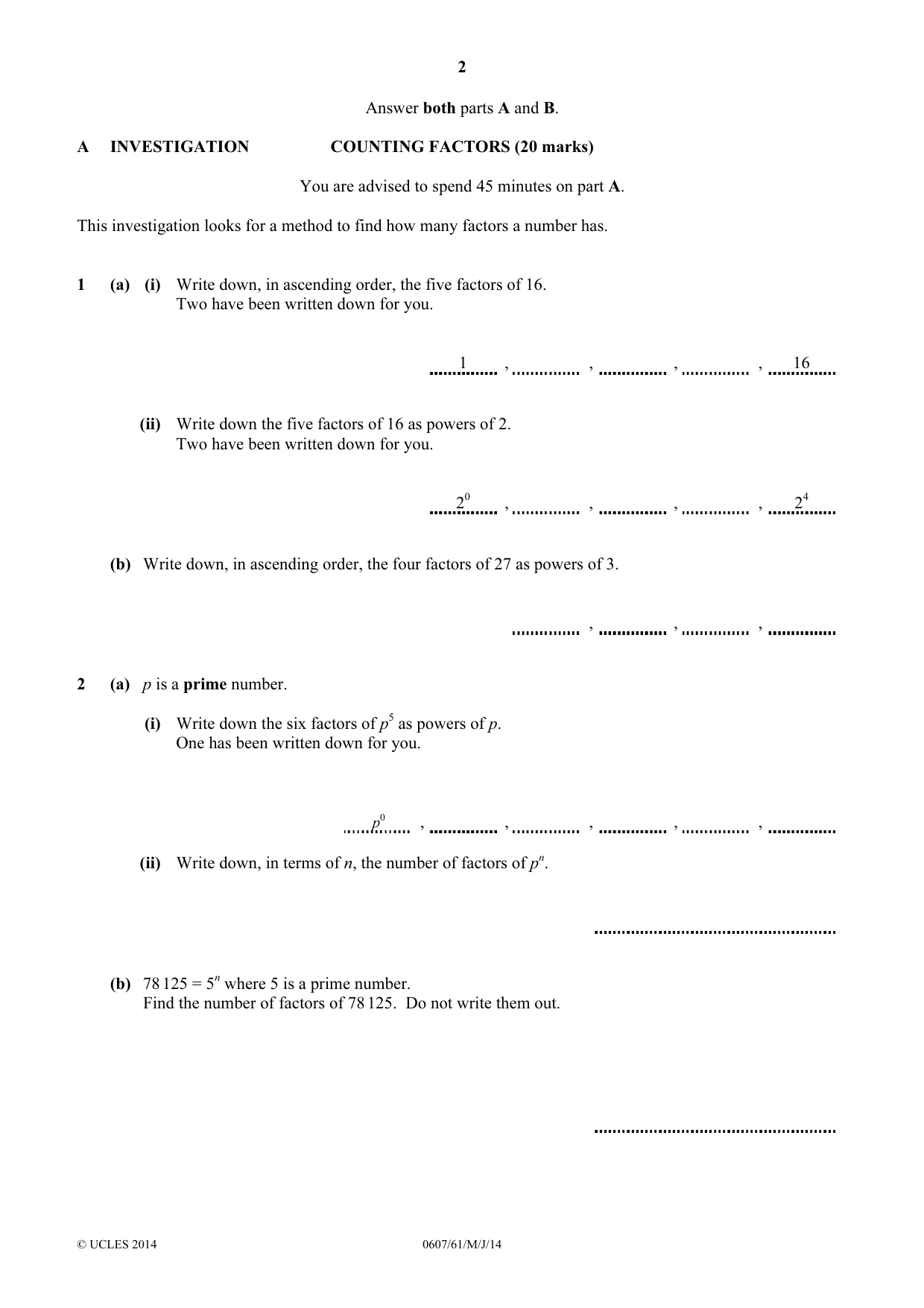 Cambridge IGCSE Mathematics - International 0607 2014 May/June Paper 6 · Variant 1 question paper, page 2 of 8